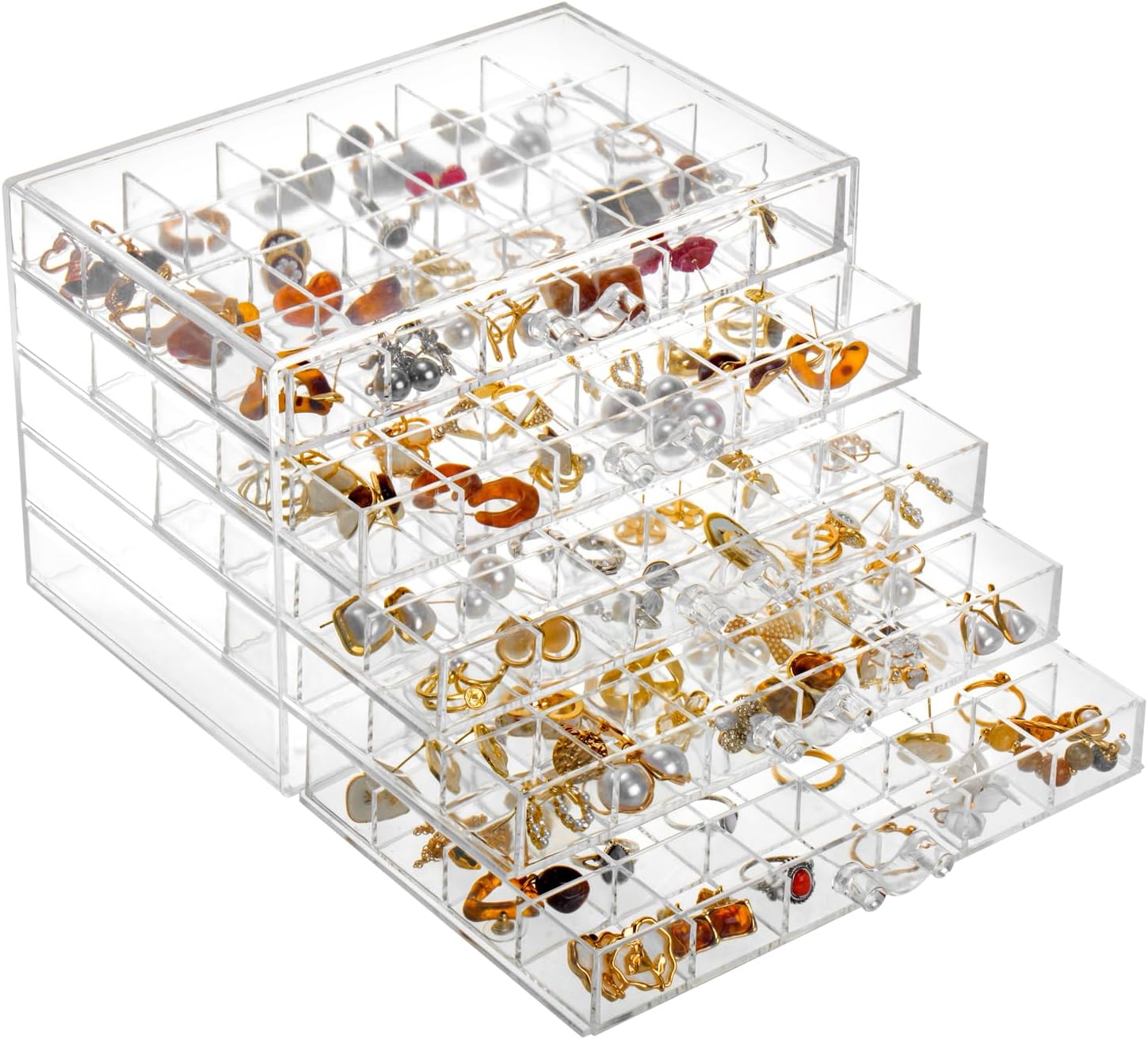 Direct Manufacturer Earring Storage Box Organizer, Acrylic Jewelry Storage Box Holder 5 Drawers Transparent Jewelry Display Stand with 120 Small Compartments Gift Boxes for Women Girls (Clear) Low MOQ