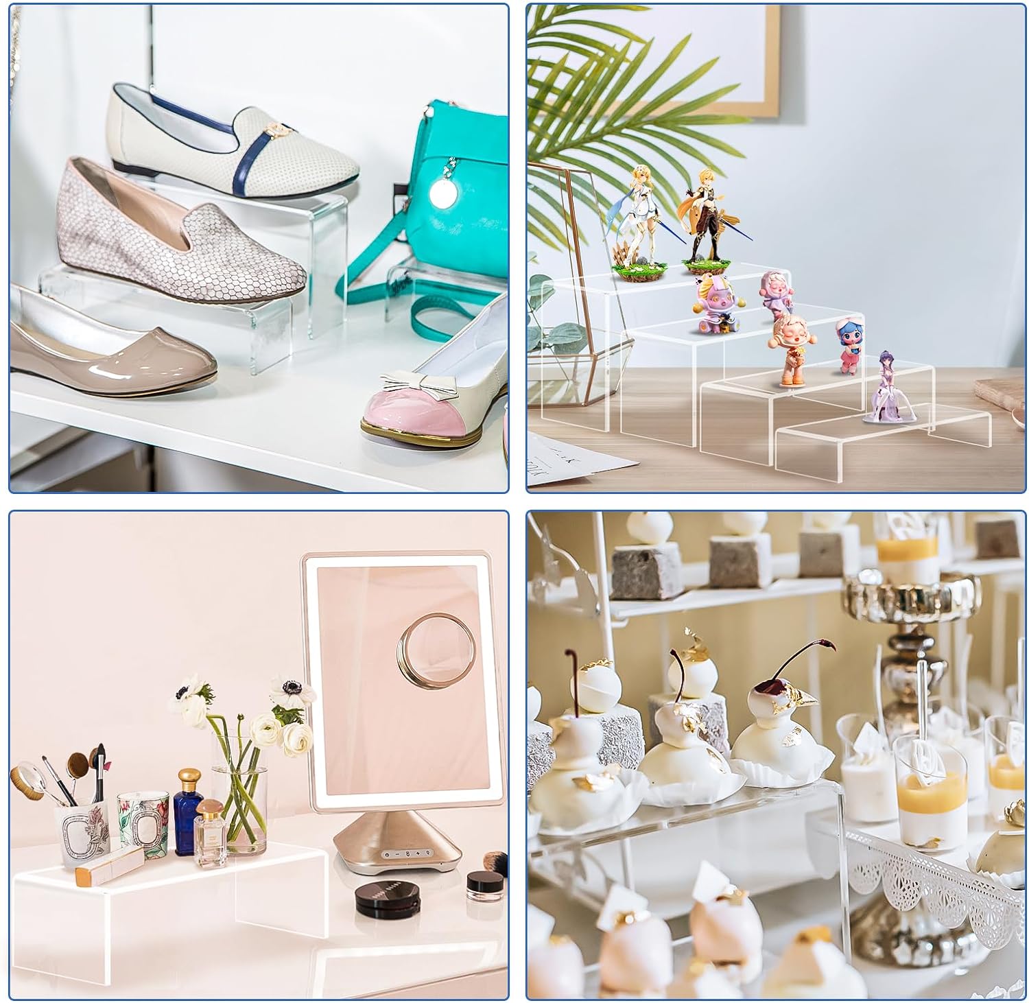 Private Label Aheroi Large Acrylic Risers, 8 Pcs 2 Set(7”L~8”L~9”L) Acrylic Display Set Rectangular Stands Shelf Clear Display Risers for Decor, Cake Shelves Retail Shoe Showcase OEM Wholesale Manufacturer