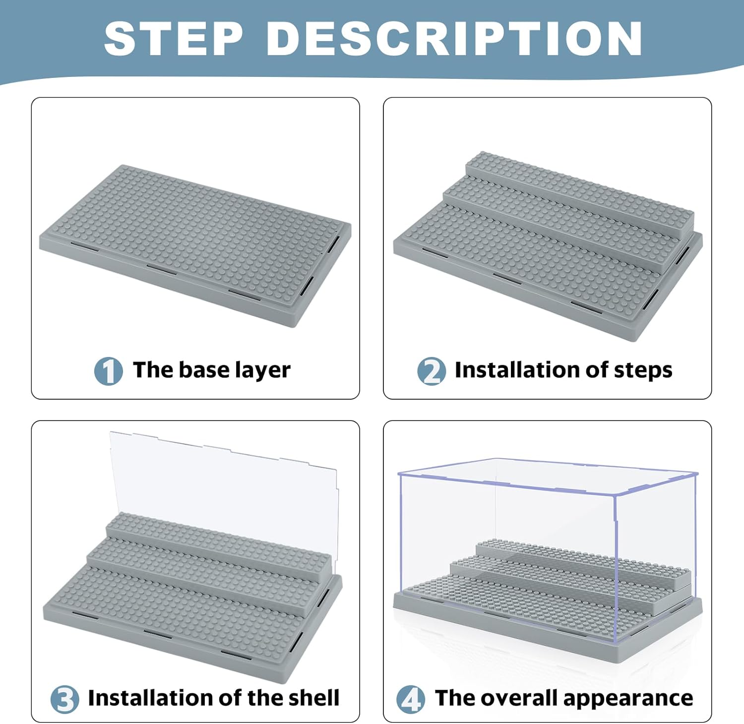 ODM 4 Pack Display Case for Minifigure Action Figures Blocks, Acrylic Minifigure Display Case Box Storage with 3 Movable Steps Gift for Kids Adults (Grey) Custom Mold Development