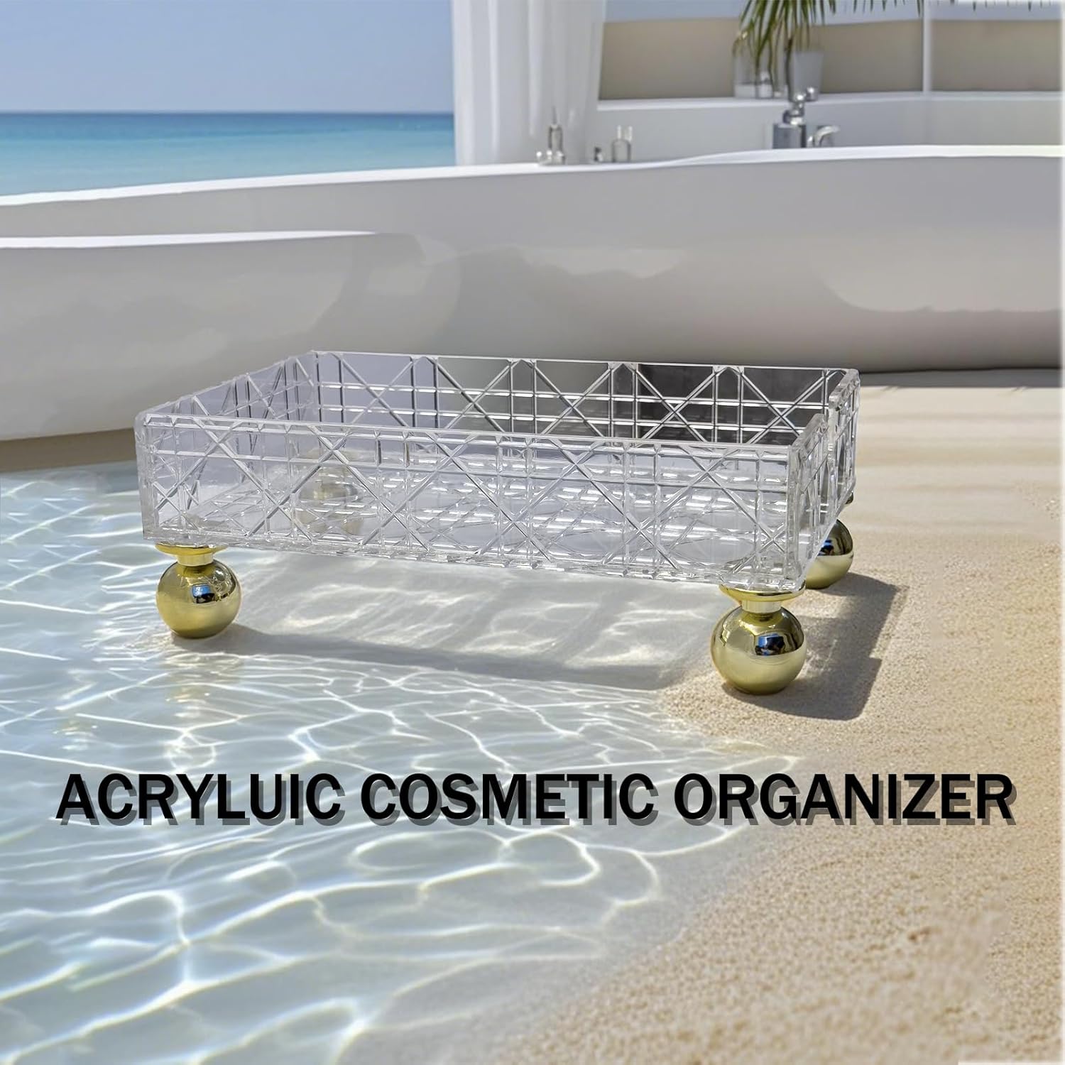 Private Label Transparent Makeup Organizer Storage Box Bathroom Counter Organizer Acrylic Vanity Tray with Gold Feet Geometric Texture Waterproof Makeup Organizer Countertop Storage for Hotel Home Custom Logo Service