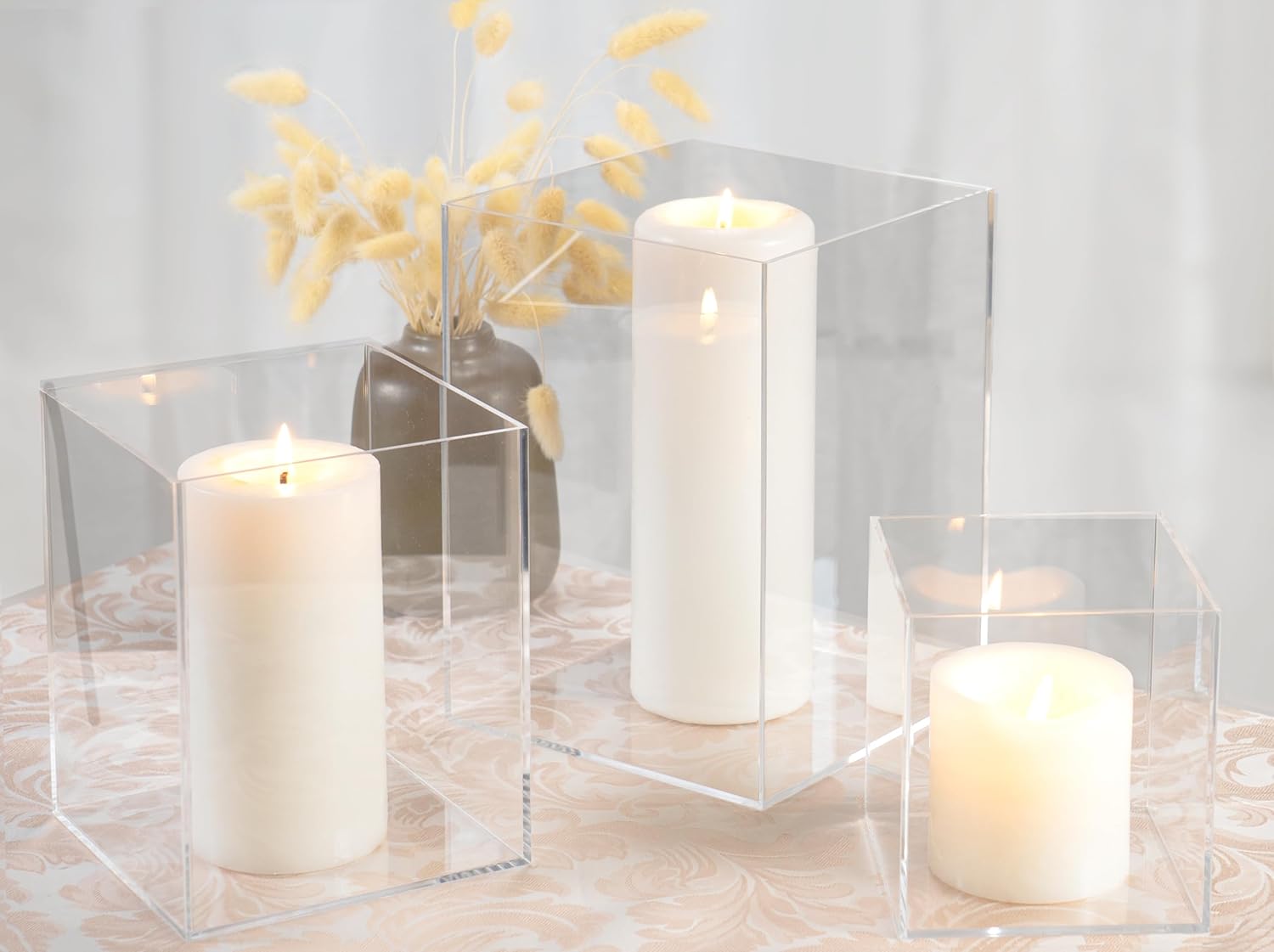 Private Label Red Co. Set of 3 (5", 7", 9") Square Clear Acrylic Event Decor Display Pedestal Stands with Polished Edges OEM Wholesale Manufacturer