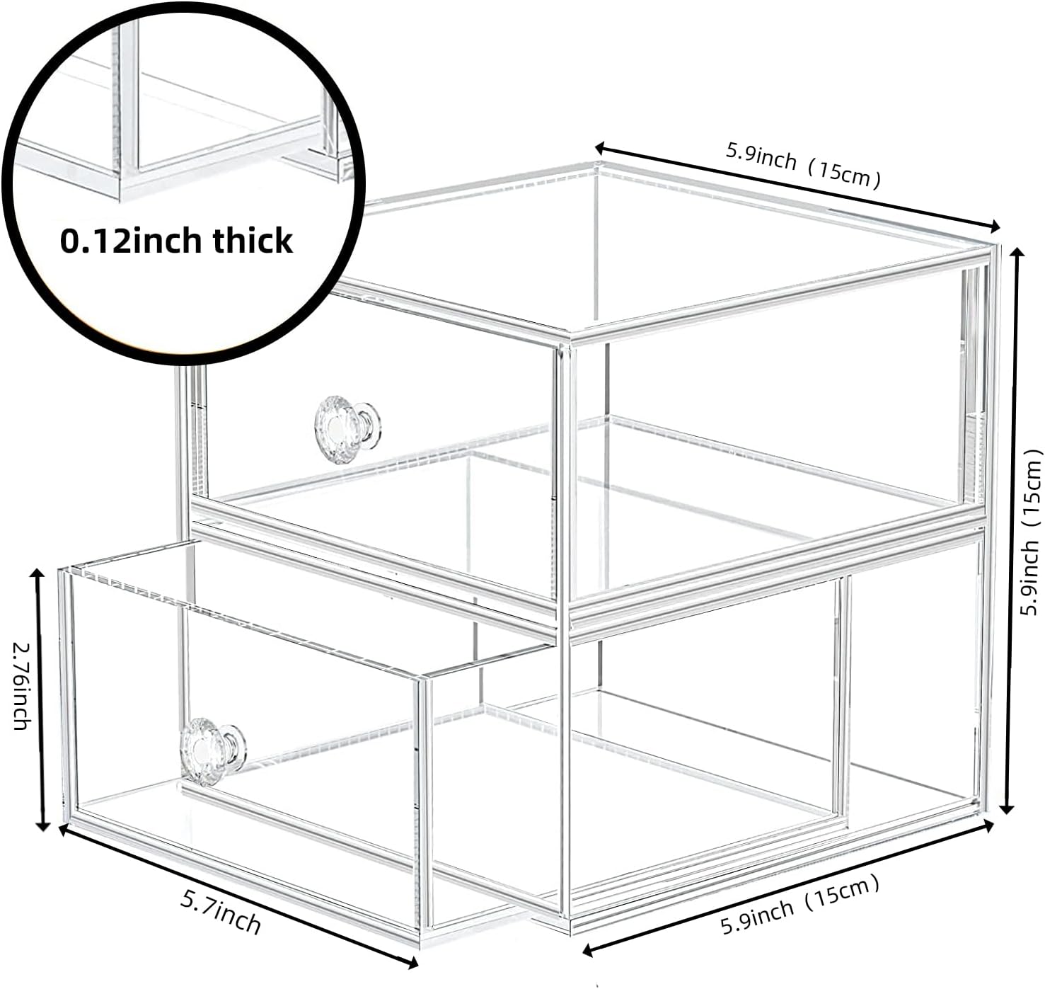 Private Label Acrylic Jewelry Box Clear Jewellery Storage Drawer Transparent Cosmetic Display Stand Holder Home Organizer Tray for Earring Necklace Rings Bracelet Makeup (2 drawer) Custom Logo Service