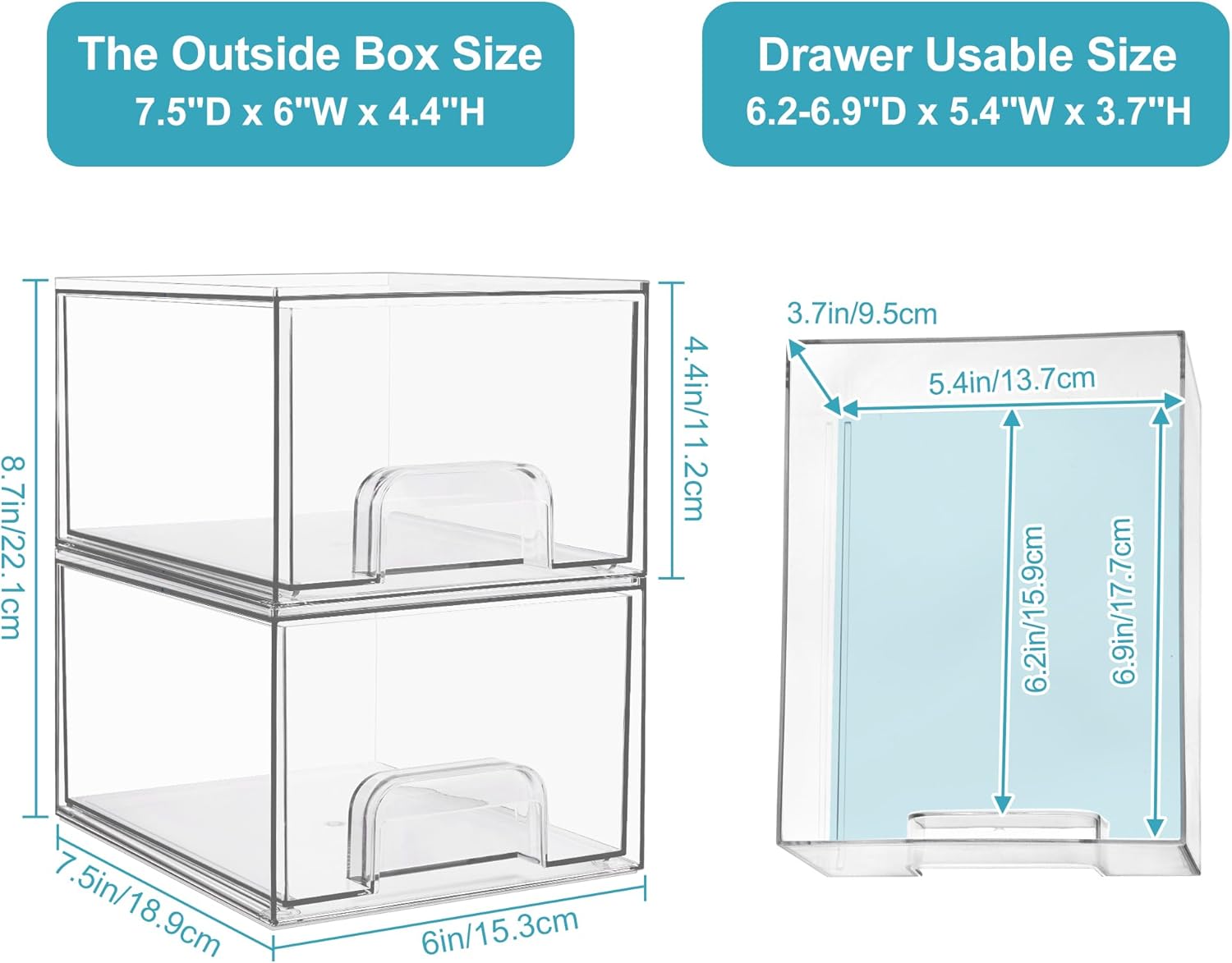 Private Label Vtopmart 2 Pack Clear Stackable Storage Drawers, 4.4'' Tall Acrylic Bathroom Makeup Organizer,Plastic Storage Bins For Vanity, Undersink, Kitchen Cabinets, Pantry, Home Organization Custom Logo Service