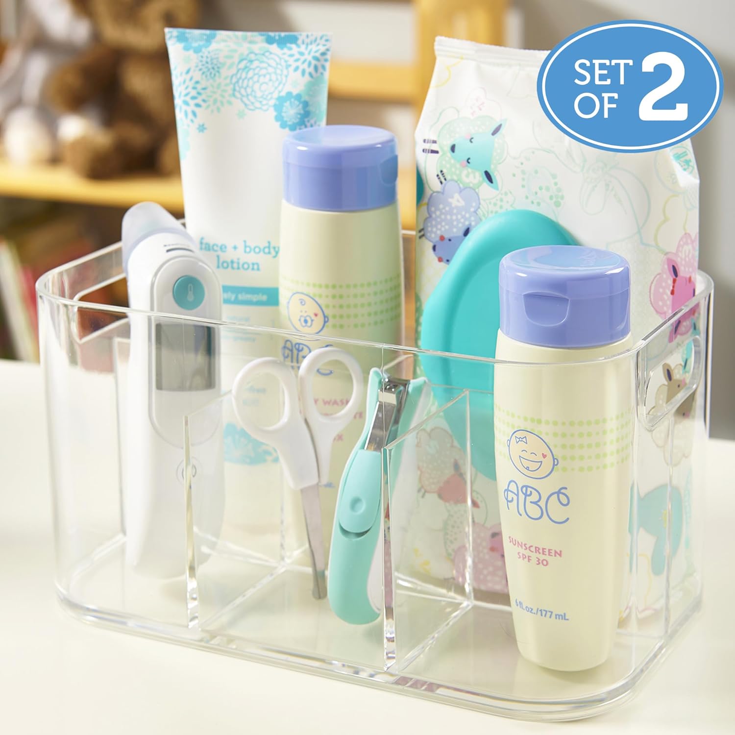 Private Label STORi Bliss 5-Compartment Plastic Cosmetics Storage Organizer, Set of 2 | Clear | Rectangular Divided Makeup Bin & Vanity Caddy with Pass-Through Handles | Round Corner Design | Made in USA Custom Logo Service
