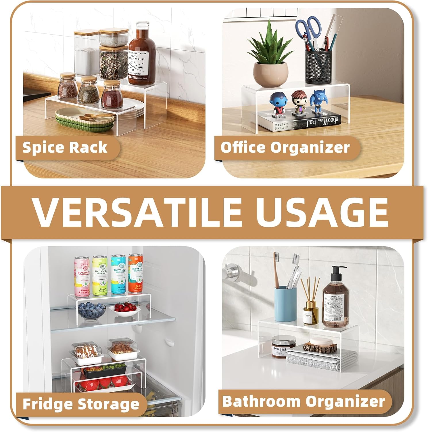 Private Label 10 Pack Acrylic Spice Rack Organizer for Cabinet(10.8"~12.4"L), 5 Size Seasoning Organization with Non-Slide Silicone Pads, Clear Shelf Riser Storage Can & Cup for Kitchen Countertop, Cupboard, Pantry Dropshipping Friendly