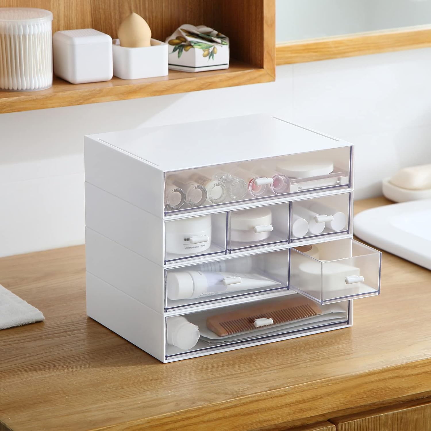 Private Label Desk Organizer with 6 Drawers, Makeup Organizer, Plastic Cosmetic Organizer, Bathroom Organization Boxes, Desktop Storage Box(White) Custom Logo Service