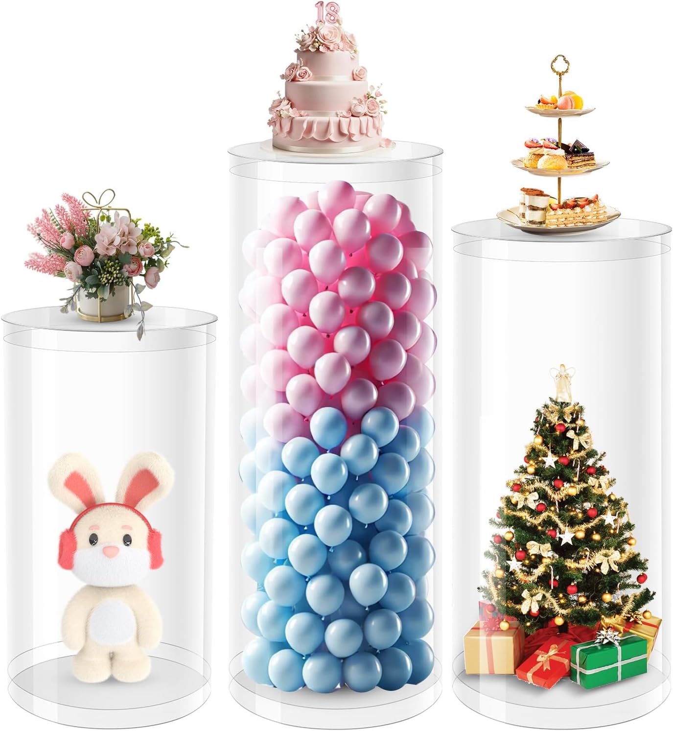 Cylinder Pedestal Stands for Party – 3 Pcs Clear Acrylic Display Pedestals for Wedding, Birthday, Party and Event Decoration – 35.4''H, 29.5''H, 23.6''H