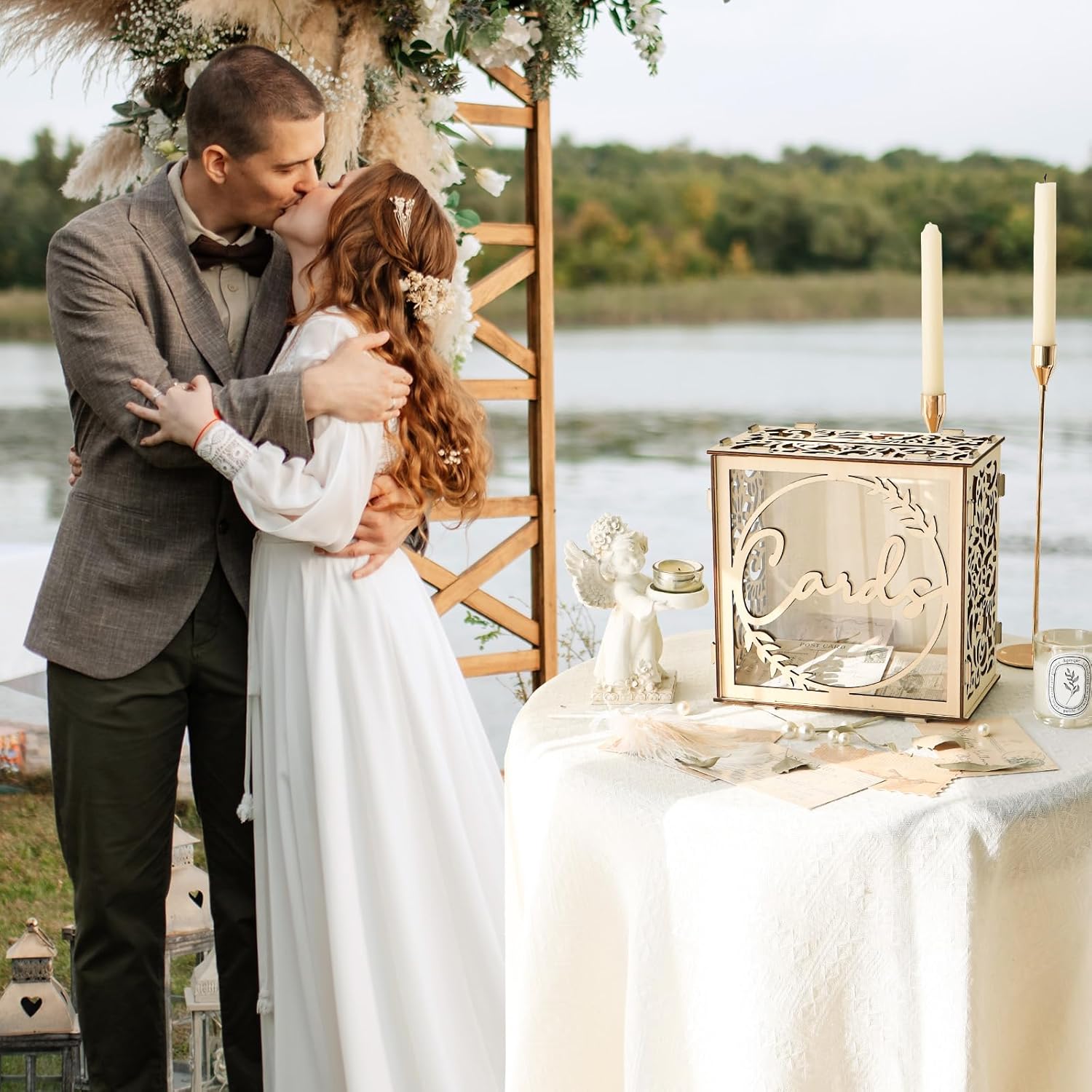 Private Label OurWarm Wedding Card Box for Wedding Reception, Wooden Wedding Card Boxes with a LED Lights, Gift Card Box Money Honeymoon Fund Box for Baby Shower Birthday Graduation Party Rustic Wedding Decorations Ecommerce Ready Product