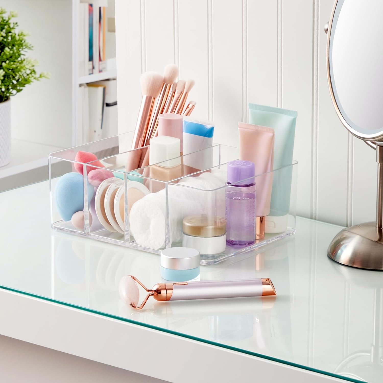 Private Label STORi 4-Compartment Clear Plastic Organizer, Rectangular Divided Makeup and Vanity Storage Bin, Use Upright for Eyeshadow Palettes, Made in USA Custom Logo Service