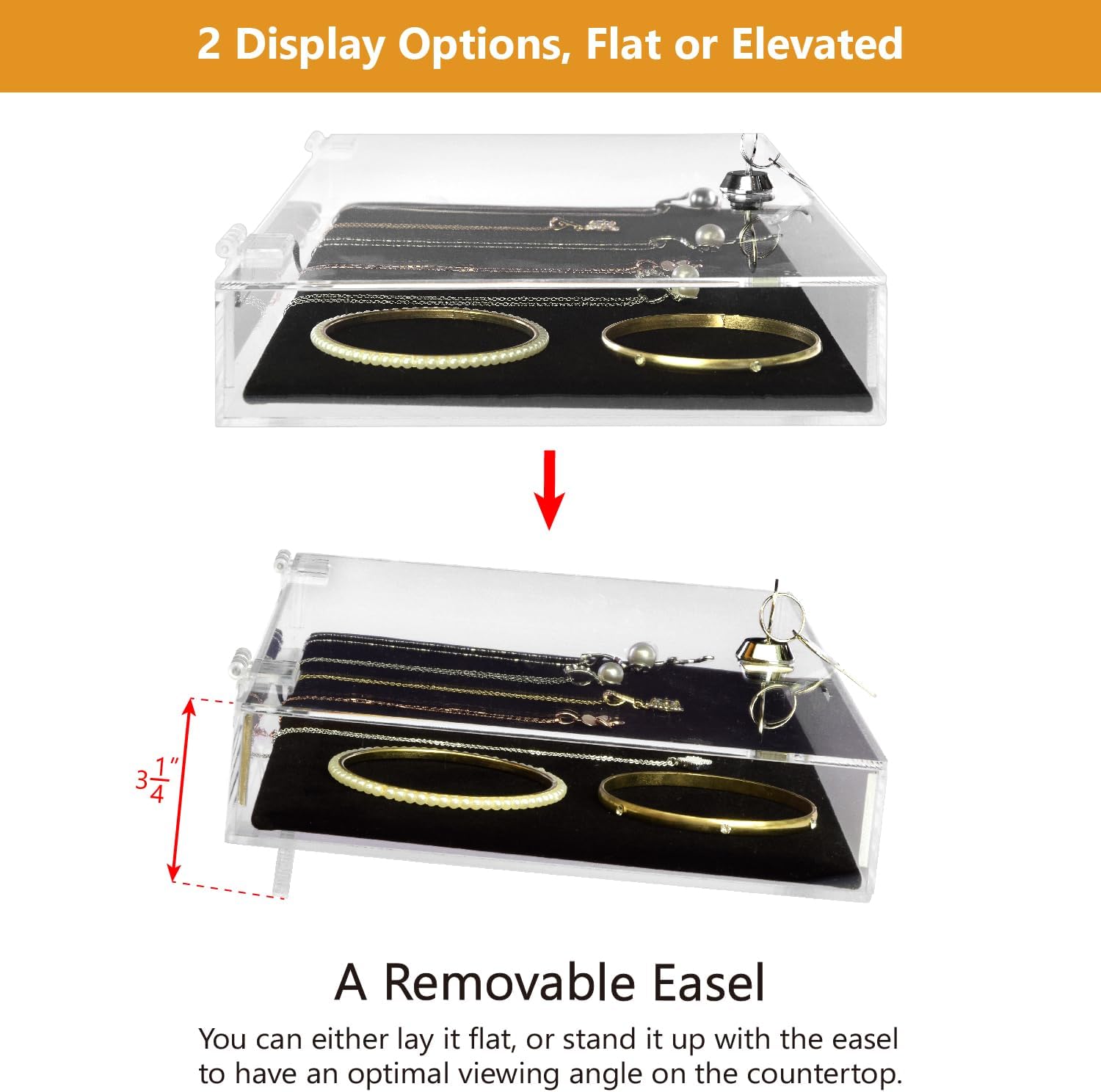 Private Label MOOCA Acrylic Rectangular Marketing Holder Locking Security Showcase Safe Box Display Tray, Perfect for Watches Jewelry, Knives, Eyewear with a Key and a Black Padding Custom Mold Development
