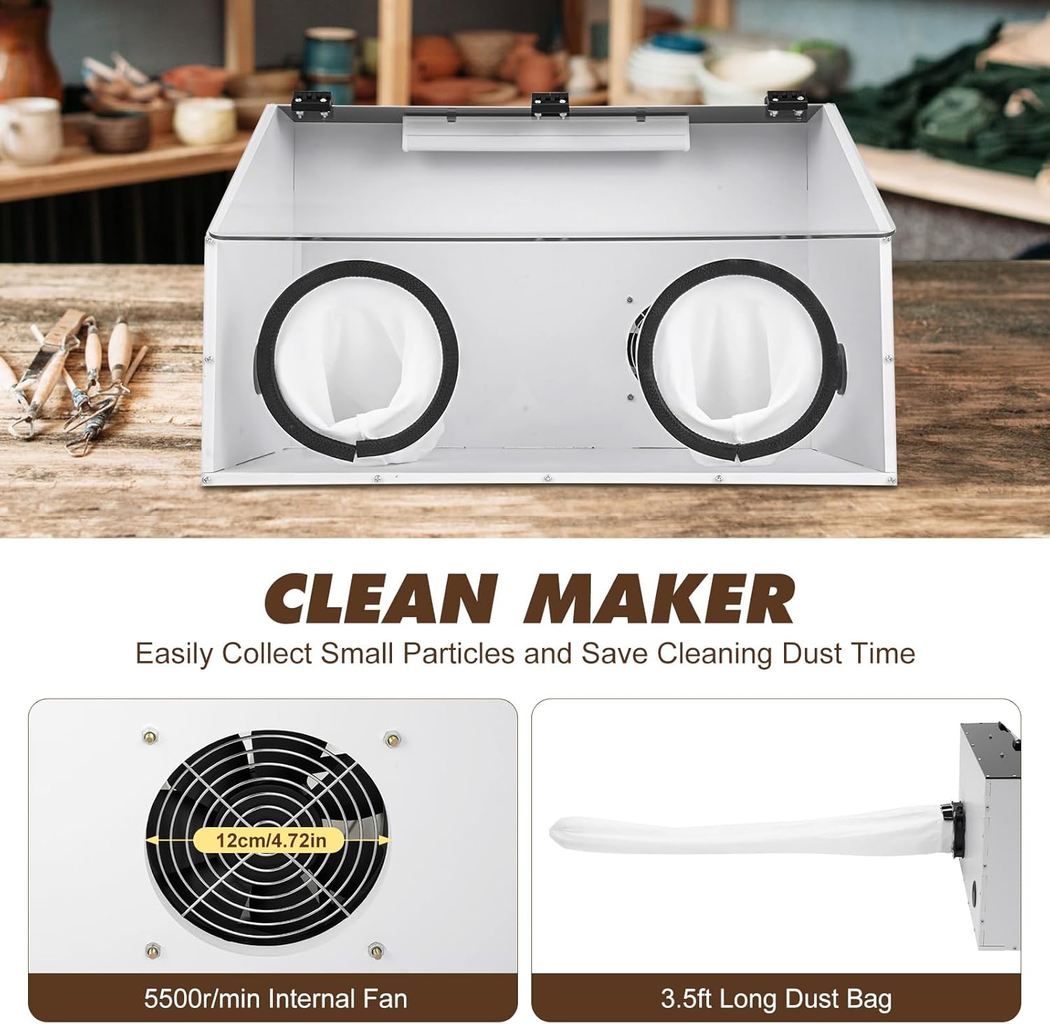 Private Label Fully Enclosed Grinding Table Polisher Dust Box, Acrylic Dust Box Transparent Dust Box Cover,2-Hole Table Polisher Box with Led Light for Polishing Machine, Carving, Cutting, Drilling (2 Holes) Ecommerce Ready Product