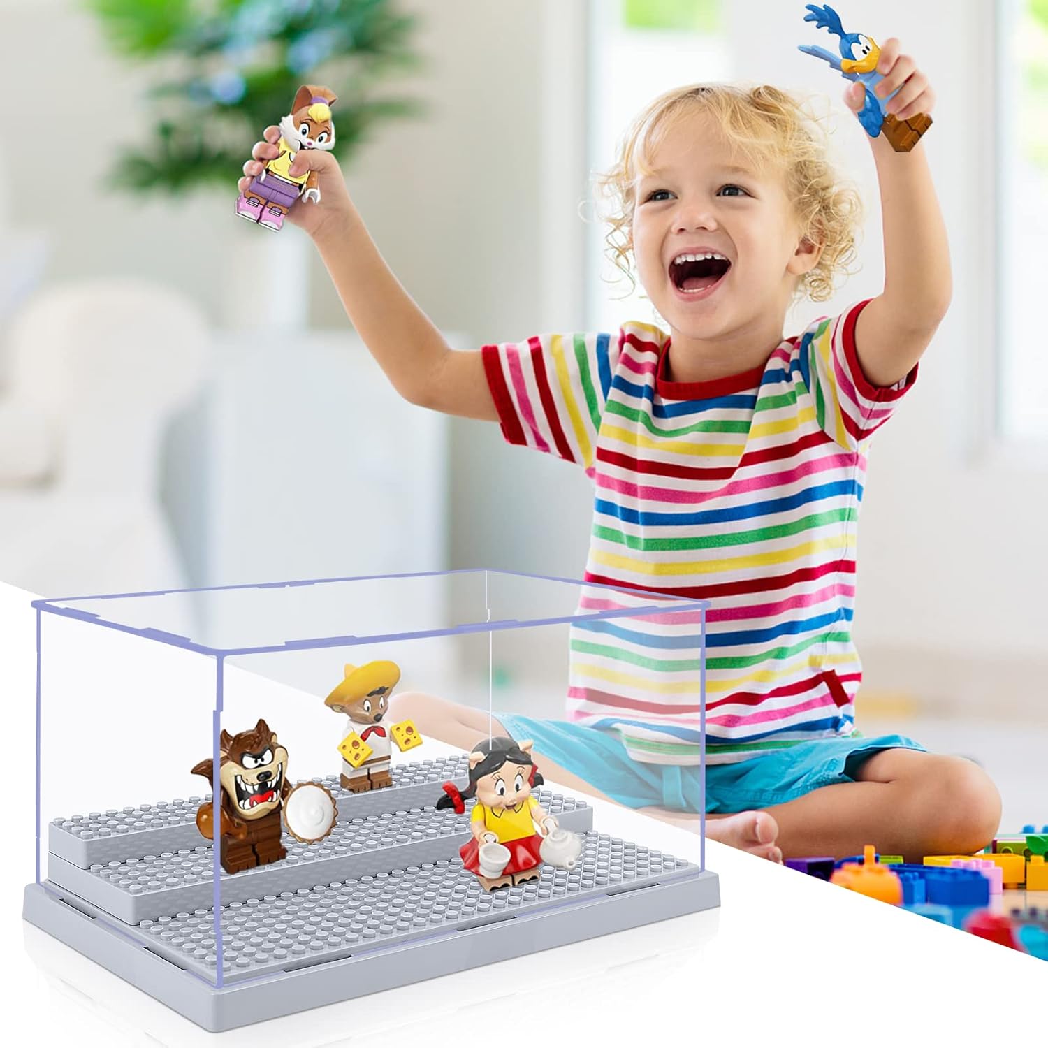 ODM 4 Pack Display Case for Minifigure Action Figures Blocks, Acrylic Minifigure Display Case Box Storage with 3 Movable Steps Gift for Kids Adults (Grey) Custom Mold Development