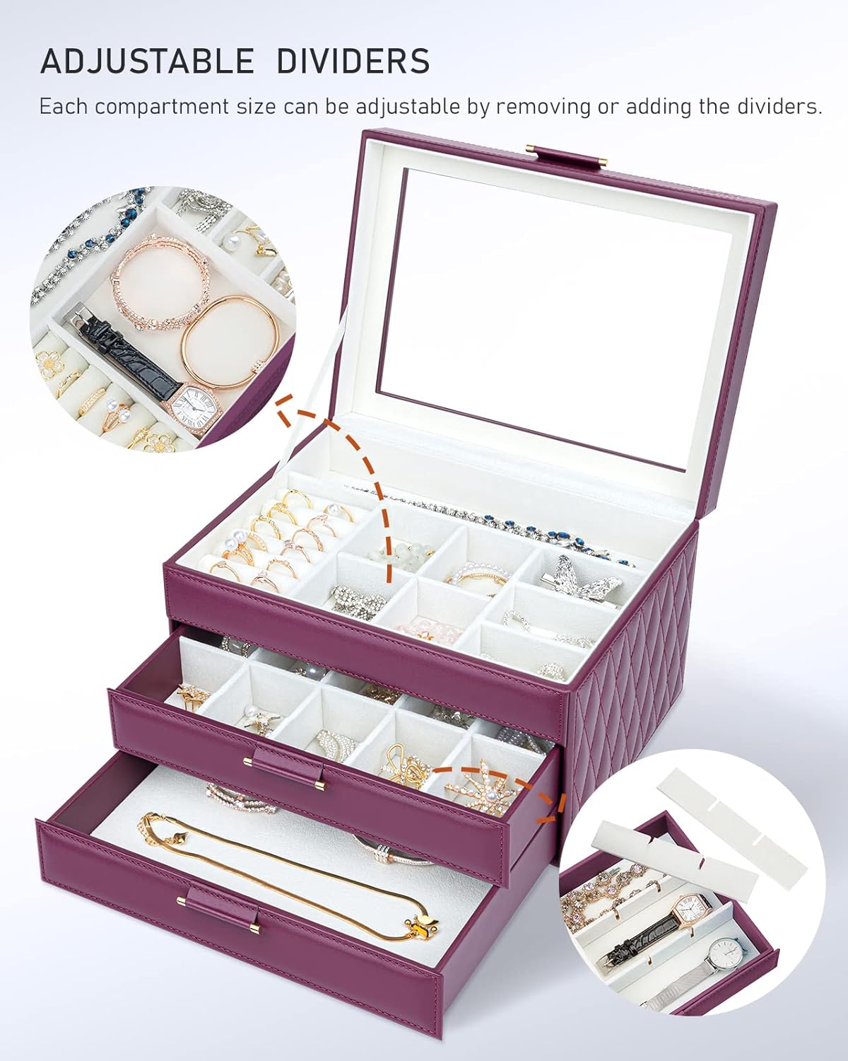 Direct Manufacturer Jewelry Organizer Jewelry Boxes for Women, Jewelry Box Clear Acrylic Lid 3-Tier with 2 Drawers, Gift for Women Storage Earring Necklace Watch Bracelet and Rings, Burgundy Red Low MOQ