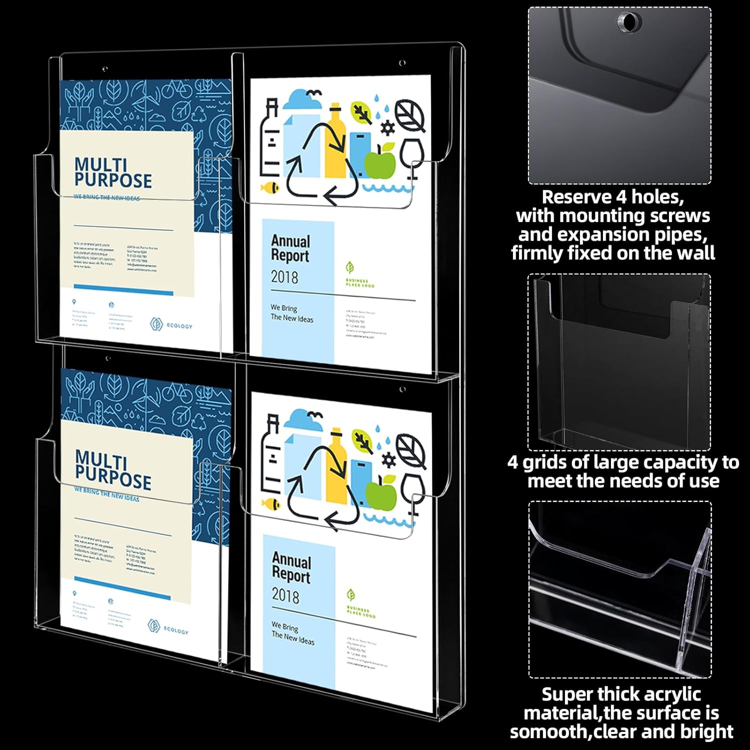 Wholesale Barydat 4 Pocket Acrylic Brochure Holder Wall Mount Clear Pamphlet Holder Plastic Trifold Multi Slot Flyer Rack Magazine Literature Display Stand Wall Hanging Organizer for Office Menu Advertise China Factory Bulk Supply
