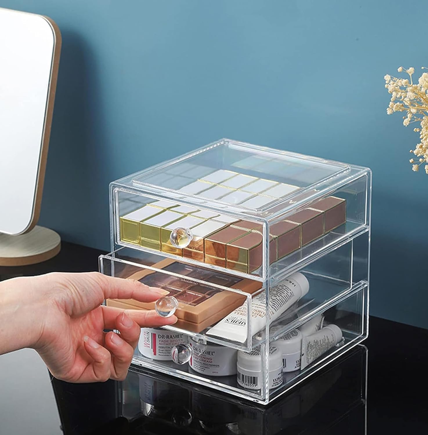 Private Label Makeup Drawer Organizer Box with 3 Drawers, Acrylic Cosmetic Display Case Vanity Organizer Jewelry Storage Box Stackable Storage for Cosmetics, Skin Care, Bathroom, Countertop, Clear Factory Direct Price