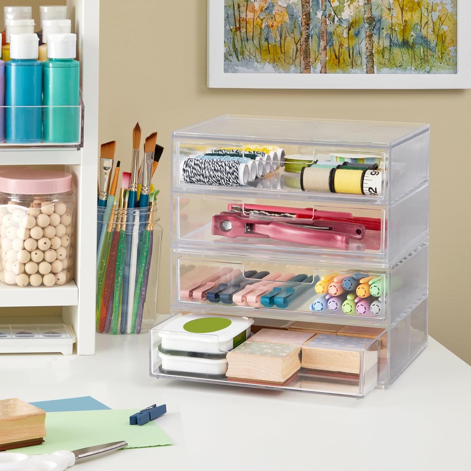 Private Label STORi Chloe Space-Saving Clear Drawer Organizer (4 Wide Drawers) Sort Office, Kitchen, Beauty Supplies, Makeup, Pens, Jewelry, Stationary, Made in USA Custom Logo Service