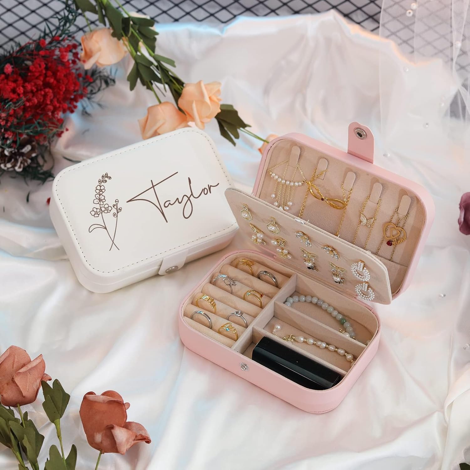 Direct Manufacturer Personalized Jewelry Box for Women, Custom Travel Jewelry Case with Name and Birth Flower, Leather Jewelry Box for Rings, Earrings, Necklaces, Personalized Gifts for Women Low MOQ