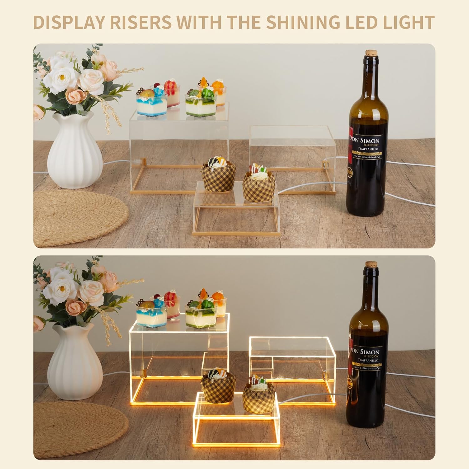 Private Label 3Pcs Acrylic Display Risers with LED light, Acrylic Cube Box Clear Display Stand with Hollow Bottoms for Figures Dessert Jewelry Perfume Handbag (Clear-3pcs) Ecommerce Ready Product
