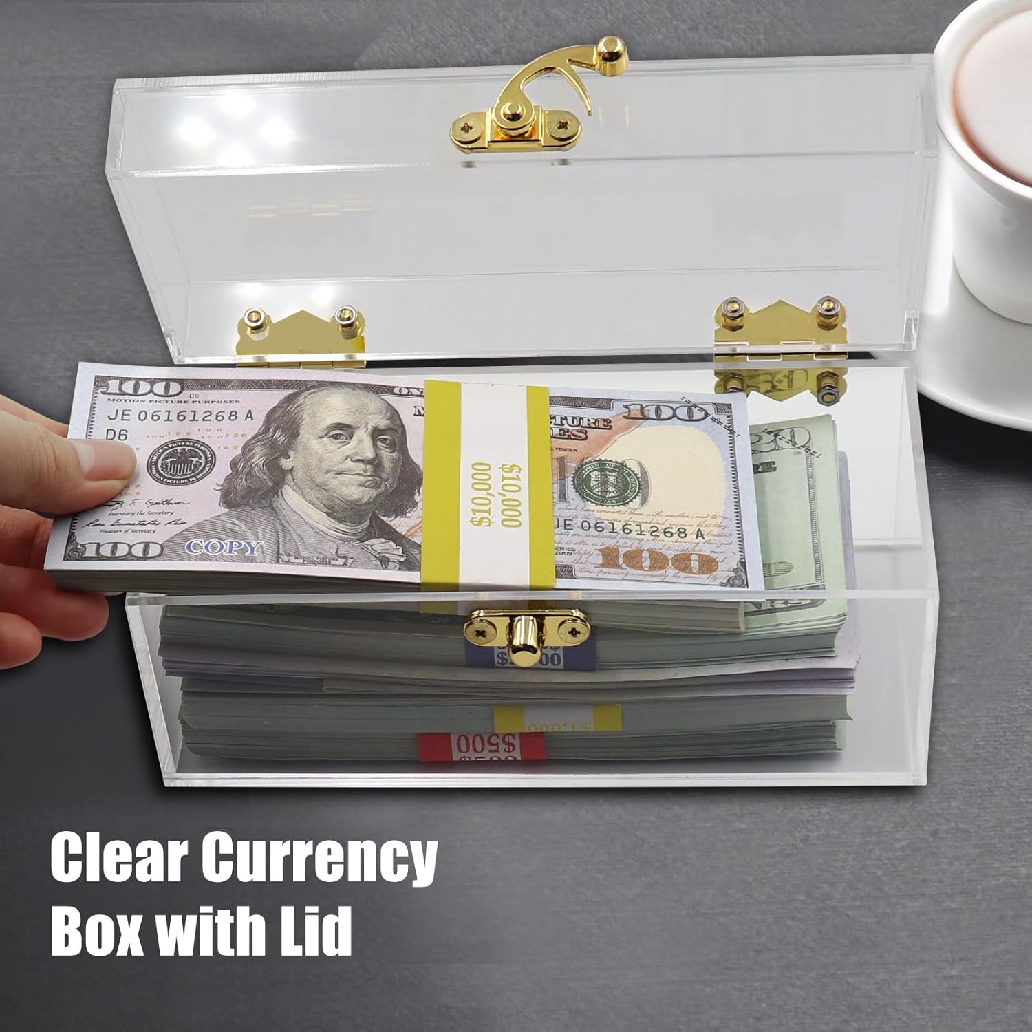 Private Label Clear Acrylic Lockable Cash Box with 30 Currency Wrappers, Acrylic Money Storage Box Holder Organizer for Cash, Single Currency Cash Tray Storage Box Holder Organizer for Money Custom Mold Development