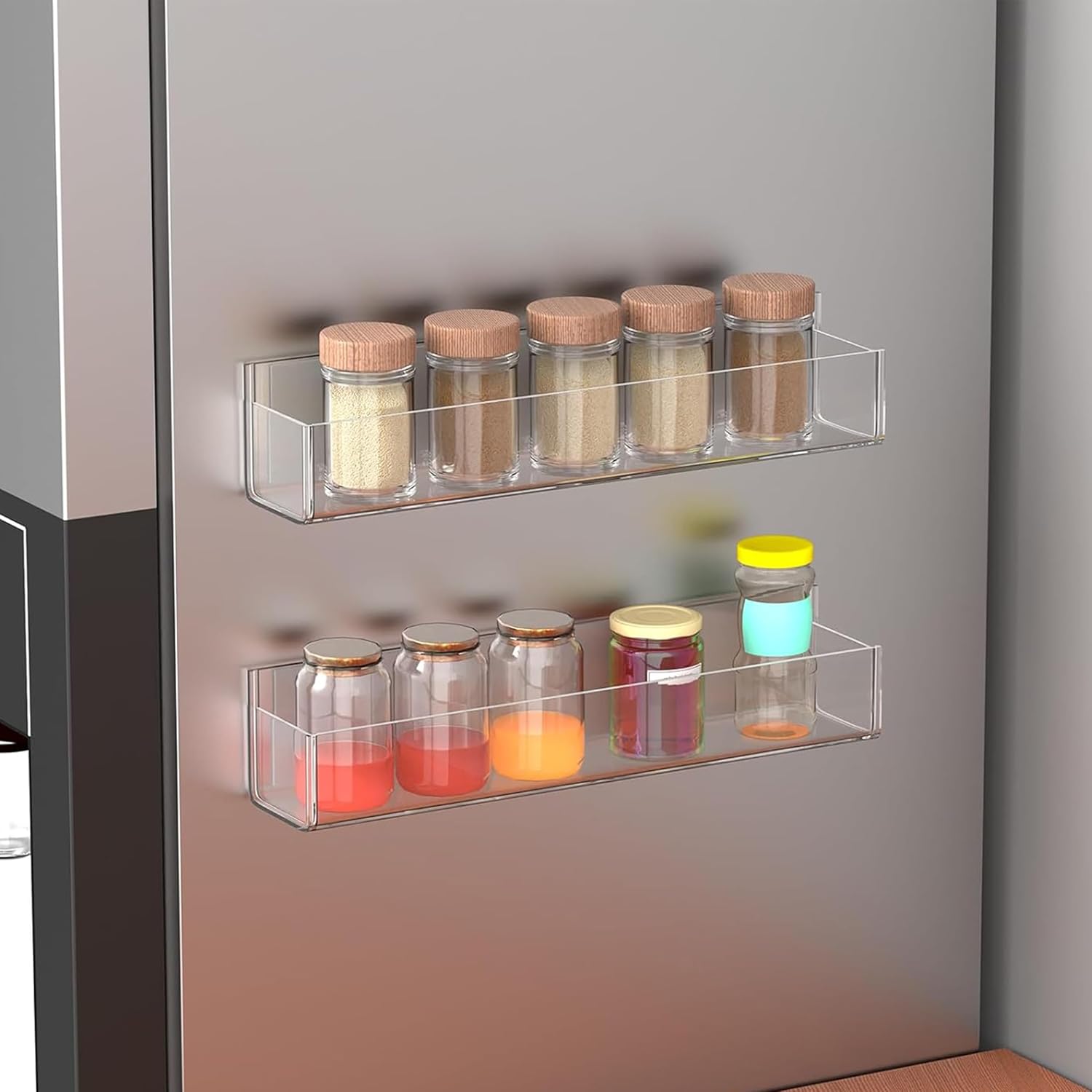Private Label PMMASTO Adhesive Acrylic Spice Rack Organizer for Wall with Nano Double Sided Tape, Spice Shelf Organization for Kitchen Cabinet Door/Pantry Door, Wall Mount Seasoning Rack (Clear-2 Pack) Dropshipping Friendly