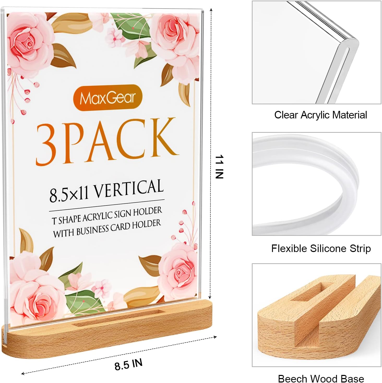 Wholesale MaxGear Acrylic Sign Holder 8.5x11, Clear Table Display Stand With Wood Base, T Shape Slant Back Sign Frame Plastic Paper Holder Detachable Base Table Menu Flyer Stand for Office Store 3 Pack China Factory Bulk Supply