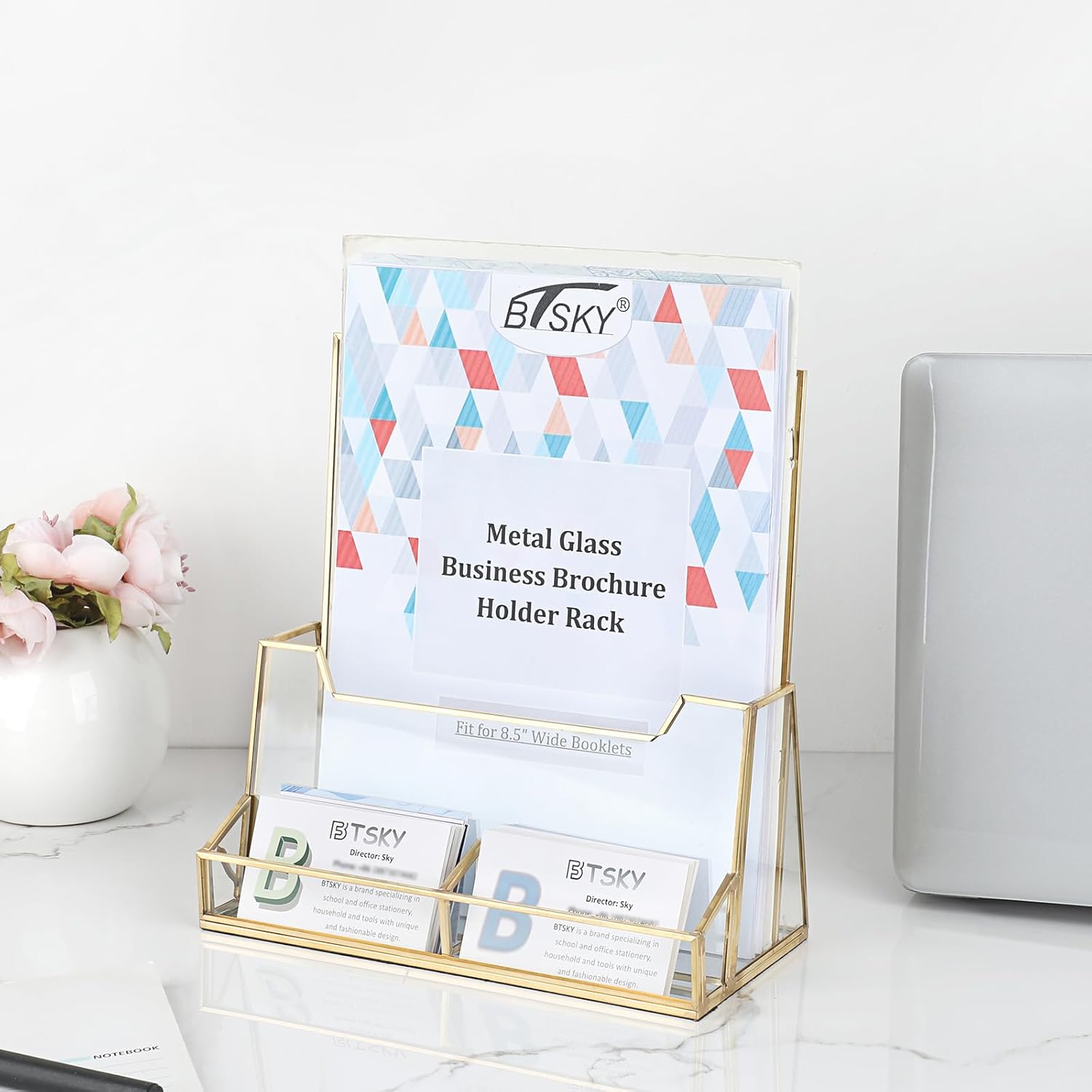 Wholesale BTSKY Golden Glass Brochure Holder 8.5 x 11 Inches, Countertop Pamphlet Holder Display Stand with Business Card Holder, Trifold Flyer Holder, Clear Elegant Brochure Display Stand for Magazine Booklets China Factory Bulk Supply
