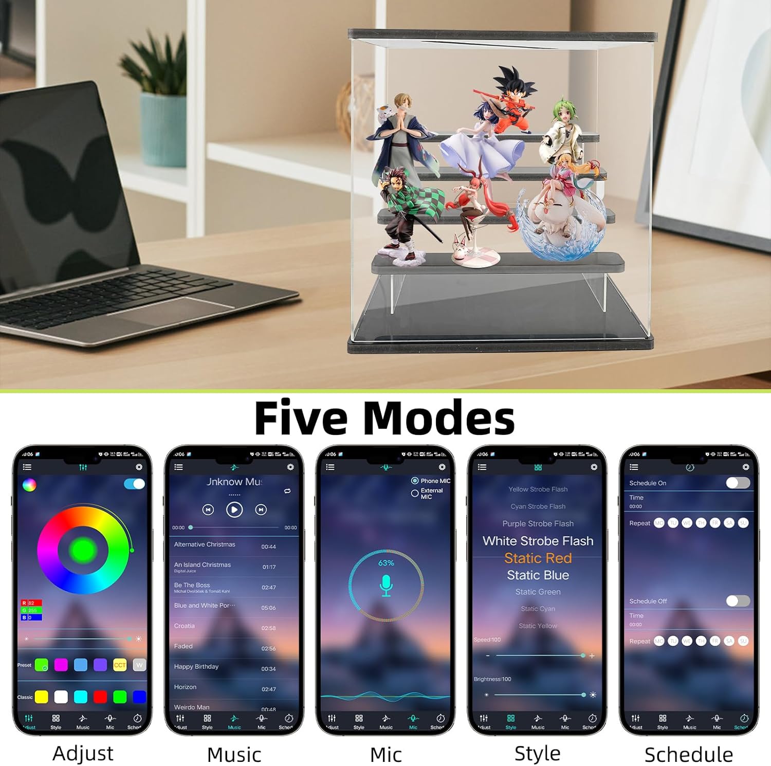 Private Label Clear Acrylic Display Case Stand with Led Light, Bluetooth RGB Lighting Plus Remote Control, 5 Tier Storage Display Box Showcase,Dustproof Organizer Box for Collectibles(Black 5Tier) Ecommerce Ready Product