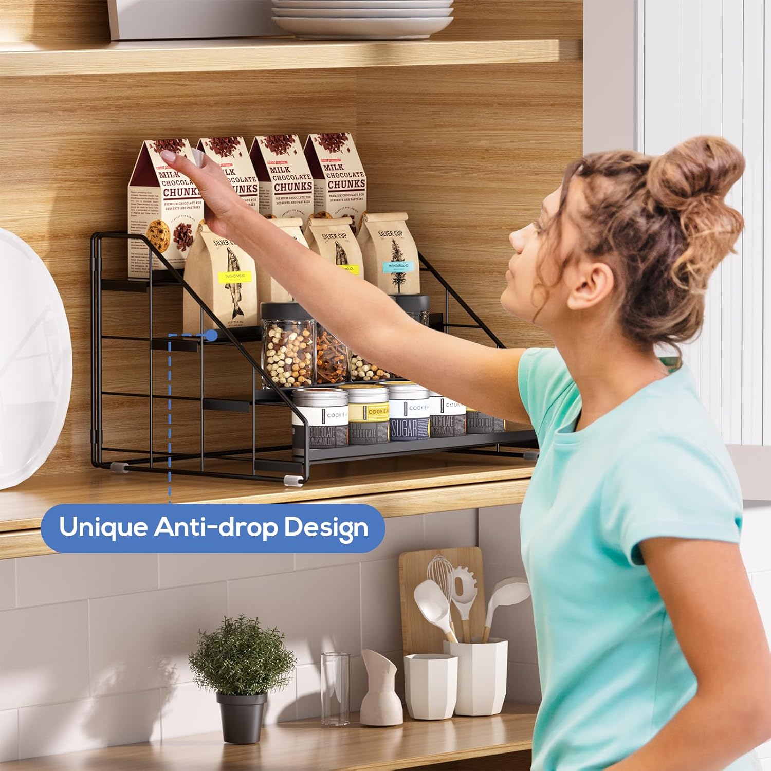 Private Label Spice Rack Organizer for Cabinet, 4 Tiered Spice Rack Organizer, Tiered Adjustable Spice Shelf for Kitchen Countertop Pantry Organization (Bright Black) Dropshipping Friendly