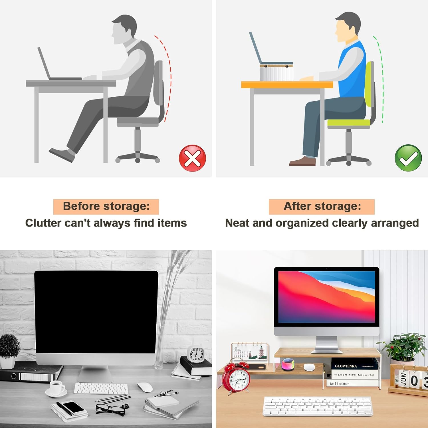 Private Label YGYQZ Wood Adjustable Monitor Riser for Desk, 2 Tier Dual Monitor Stand with Acrylic Legs Office Desk Shelf Organizer for Laptop, PC, Printer, Computer (wood-flat) OEM Wholesale Manufacturer