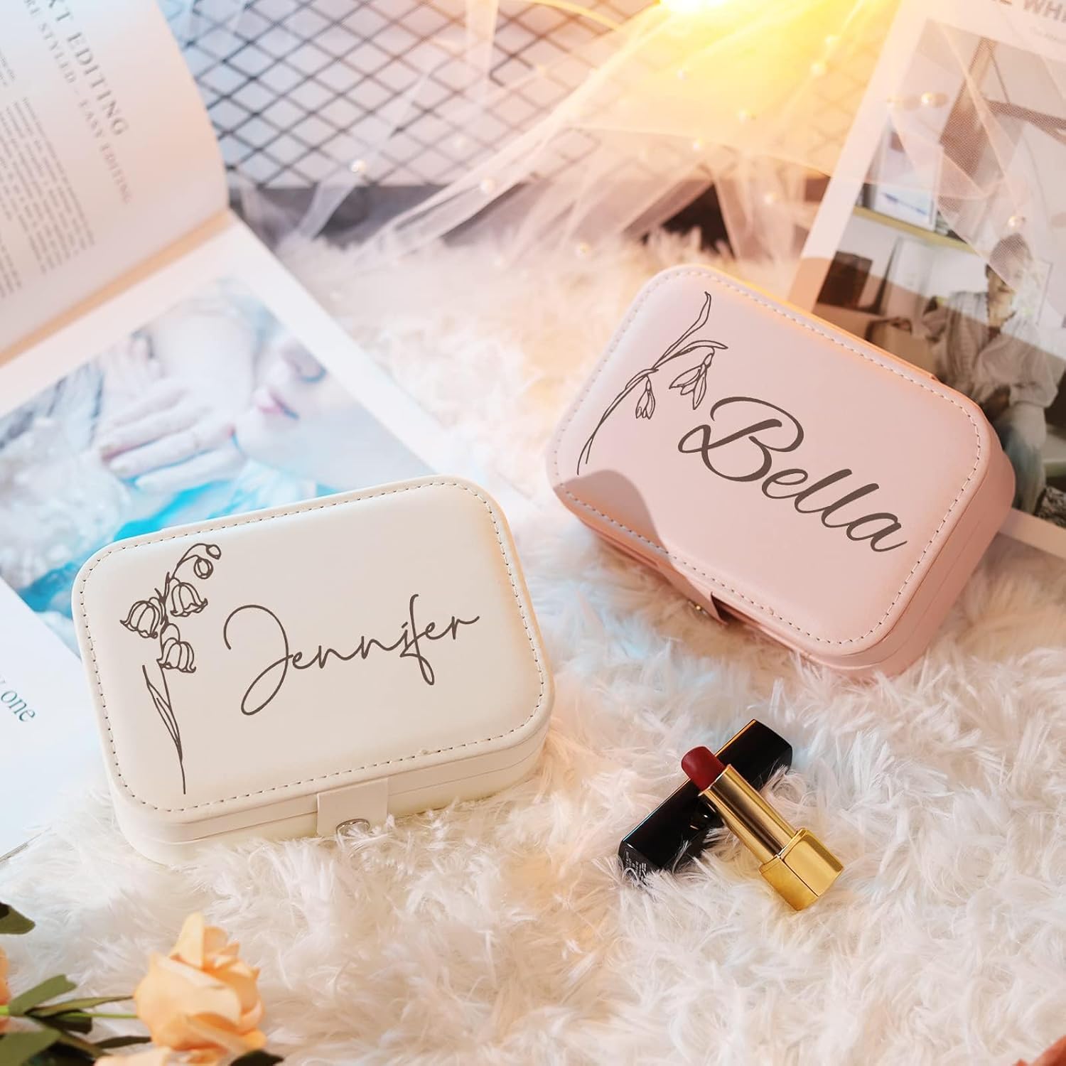 Direct Manufacturer Personalized Jewelry Box for Women, Custom Travel Jewelry Case with Name and Birth Flower, Leather Jewelry Box for Rings, Earrings, Necklaces, Personalized Gifts for Women Low MOQ