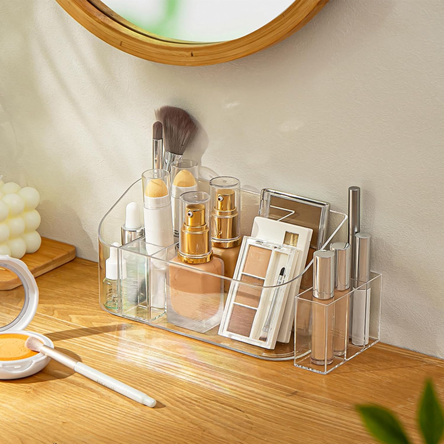Private Label SUNFICON Makeup Tray Holder Organizer Cosmetic Display Case Tabletop Desktop Vanity Countertop Bathroom Wall Cabinet Medicine Storage Box 9 Dividers 2 Removable for Womens Ladies Girls Crystal Clear Custom Logo Service