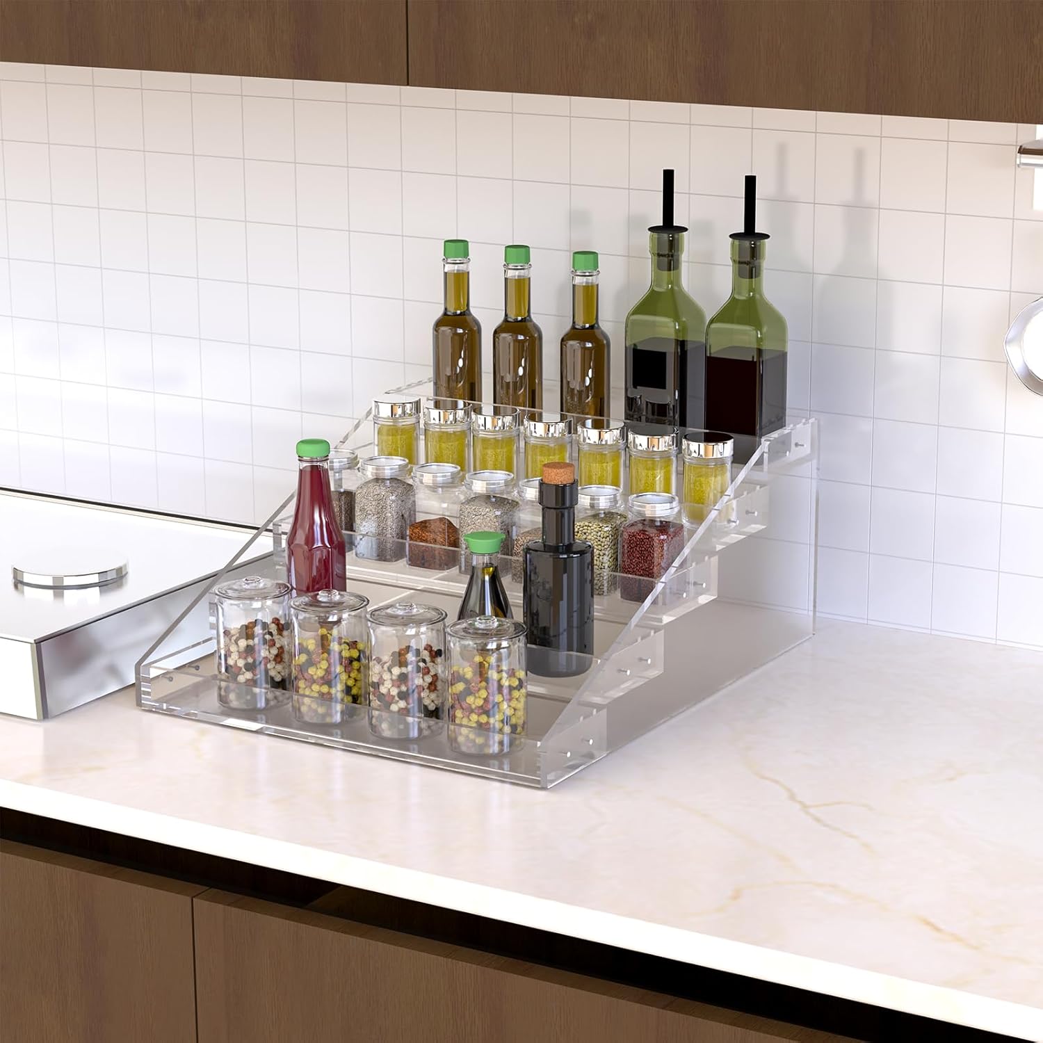 Private Label PMMASTO Widen Tiered Spice Rack, Seasoning Organizer, Clear Acrylic Vertical Shelves Can Organizer for Countertop, Cabinet, Pantry, Kitchen Organization and Storage - 5 Tier Dropshipping Friendly