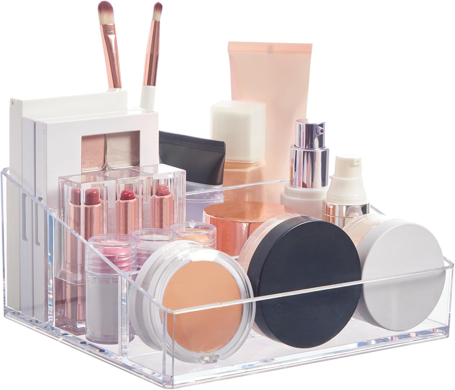 STORi Clear Plastic Vanity Makeup Organizer | Compact Rectangular 4-Compartment Holder for Brushes, Eyeshadow Palettes, & Beauty Supplies | Made in USA