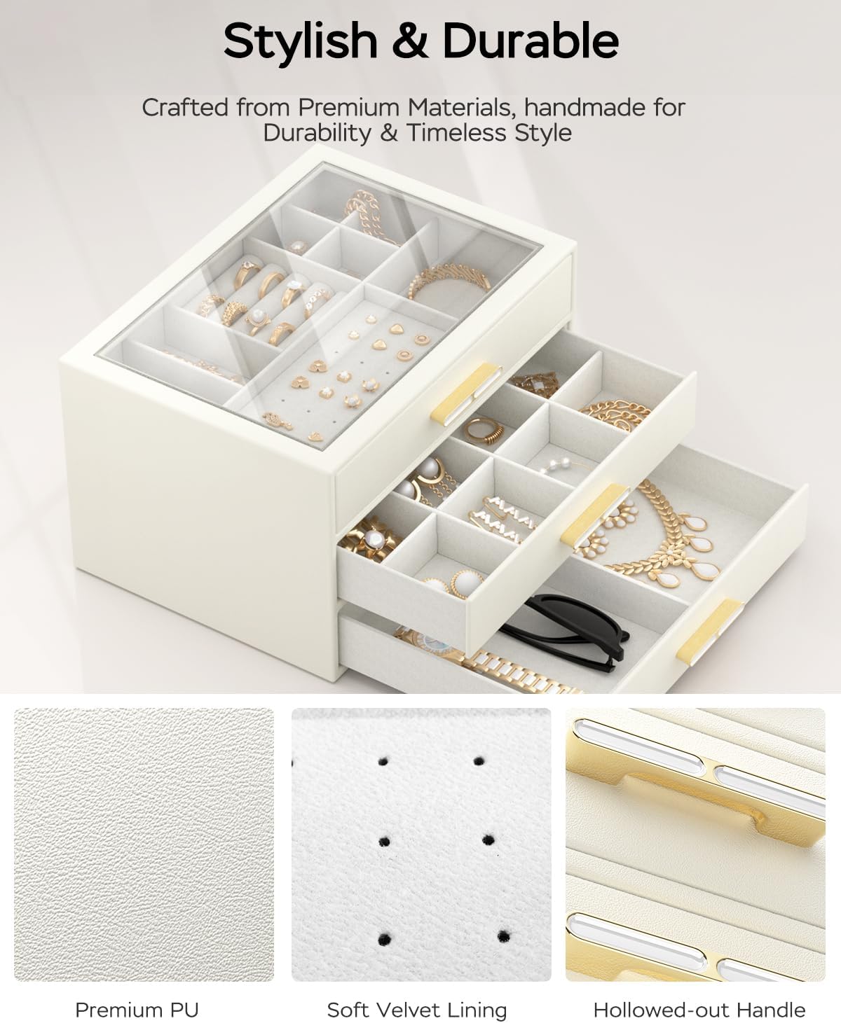 Direct Manufacturer Jewelry Box for Women, 3-Layer Drawer Jewelry Organizer with Clear lid, Large Jewelry Boxes Accessory for Necklaces, Rings, Earrings, Bracelets Storage, Mothers Day Gifts for Mom, Cloud White Low MOQ