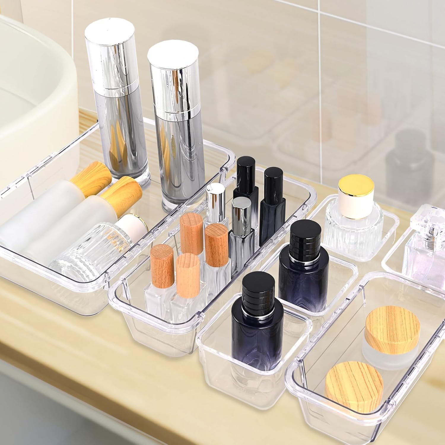 Private Label 14 Pcs Clear Drawer Organizer, Adjustable Drawer Storage Box, 3-Size Desk Drawer Organizer, Acrylic Storage Bins for Makeup, Cosmetic, Kitchen Utensils, Bedroom Dressers Tool Organizer for Gadgets Factory Direct Price