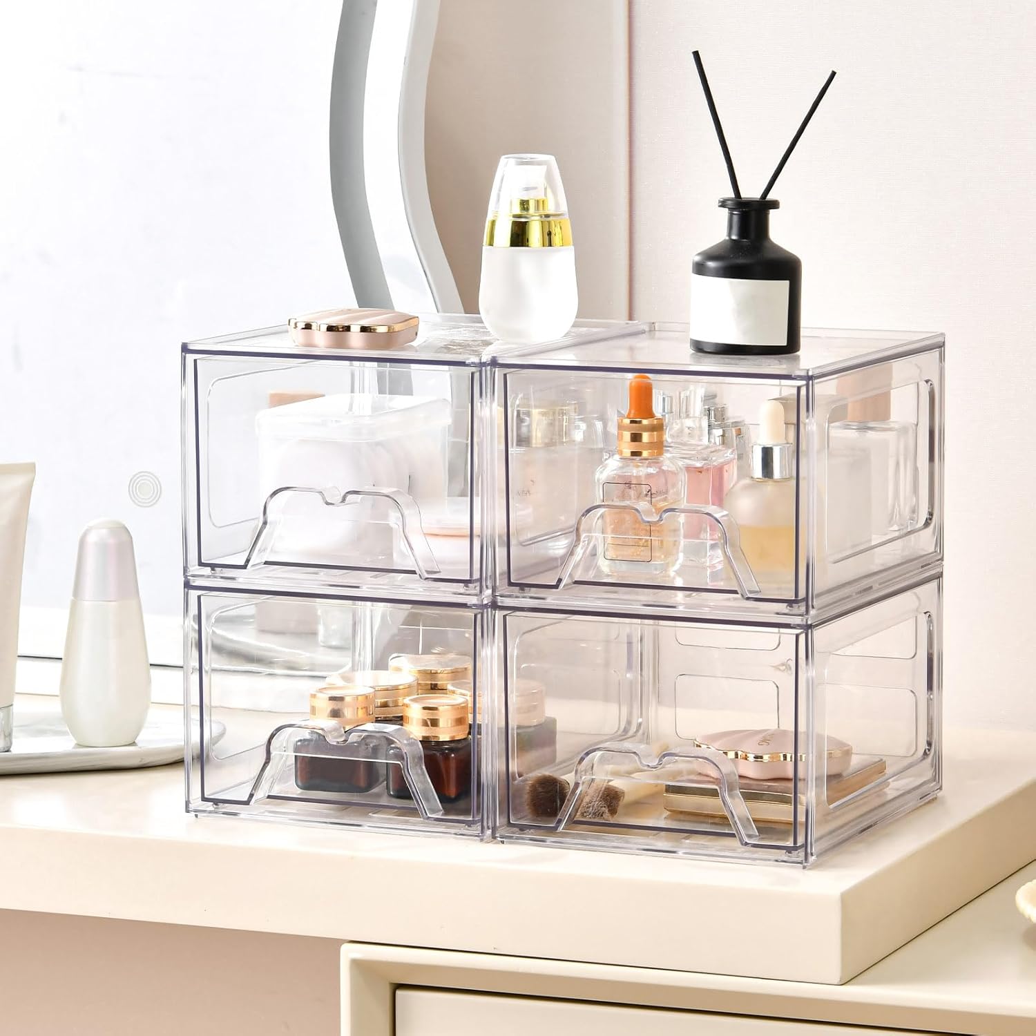Private Label 6 Pack Stackable Makeup Organizer, 4.4'' Tall Acrylic Bathroom Makeup Organizer and Storage Drawer with Pull-out Handle, Clear Plastic Storage Bins for Vanity,Pantry,Desk,Undersink,Kitchen Factory Direct Price