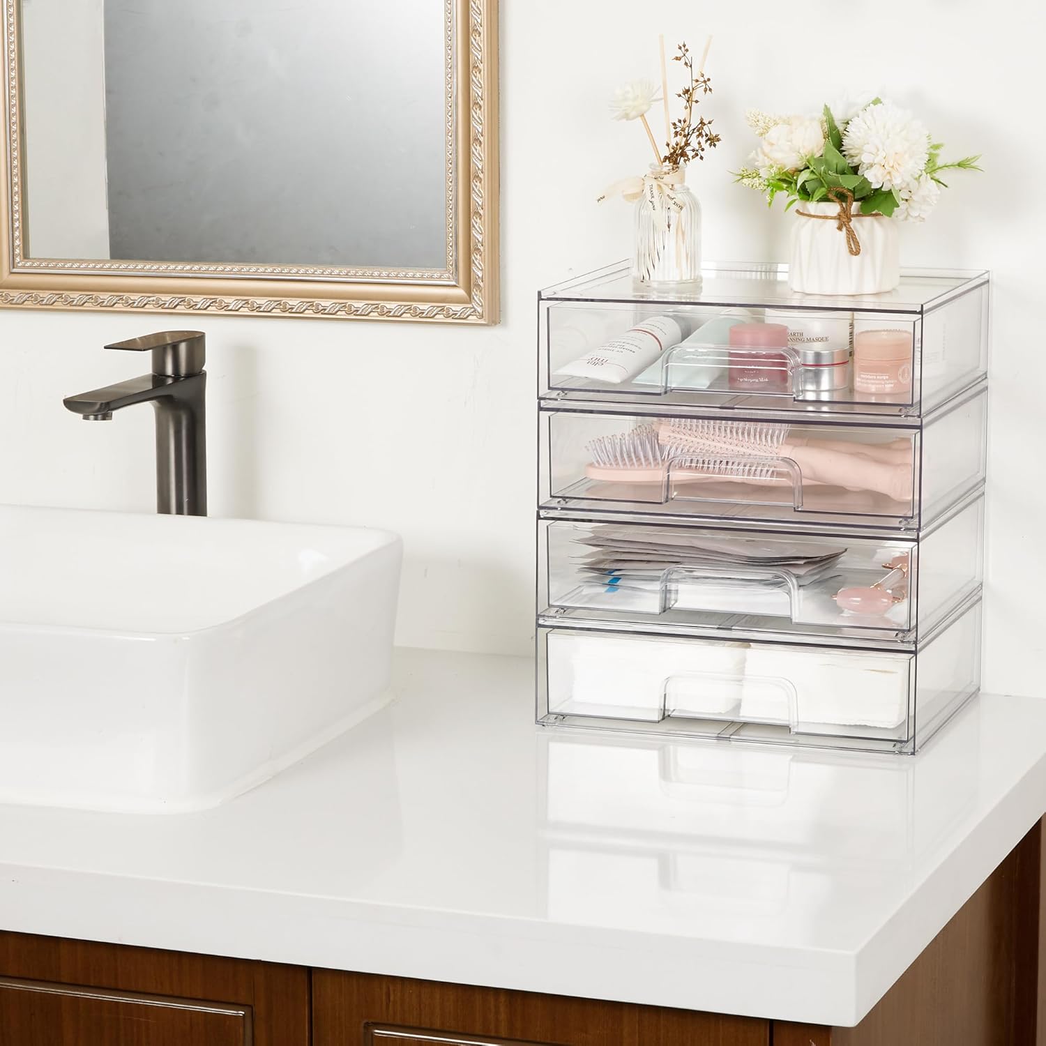 Private Label Vtopmart 12.1''W Clear Stackable Storage Drawers,2 Pack Acrylic Plastic Organizers Bins for Makeup Palettes, Cosmetics, and Beauty Supplies,Ideal for Vanity, Bathroom,Cabinet,Desk Organization Custom Logo Service