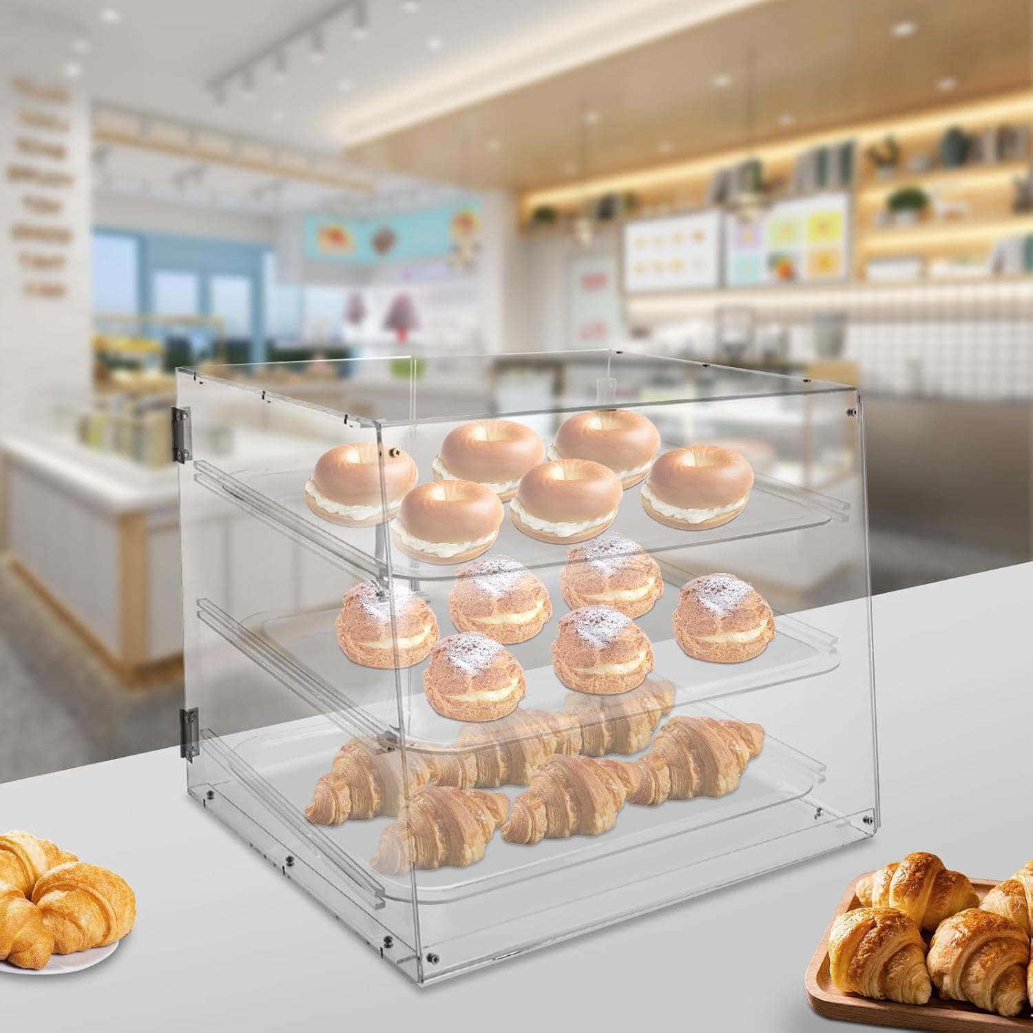 Wholesale OEM ODM 3 Tray Acrylic Display Case, Commercial Countertop Pastry Display Case, w/Rear Door Access & Removable Shelves, Magnetic Door Lock, Acrylic Display Box for Donut Bagels Cake Cookie Keep Fresh Factory & Supplier