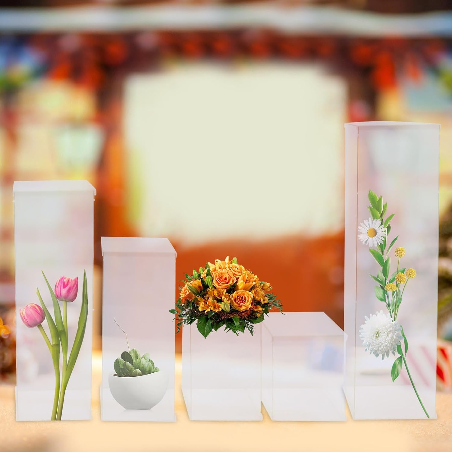 Private Label 5 Pcs Clear Acrylic Pedestal Display Stands, Rectangular Acrylic Vases for Wedding, Parties & Home Decor OEM Wholesale Manufacturer
