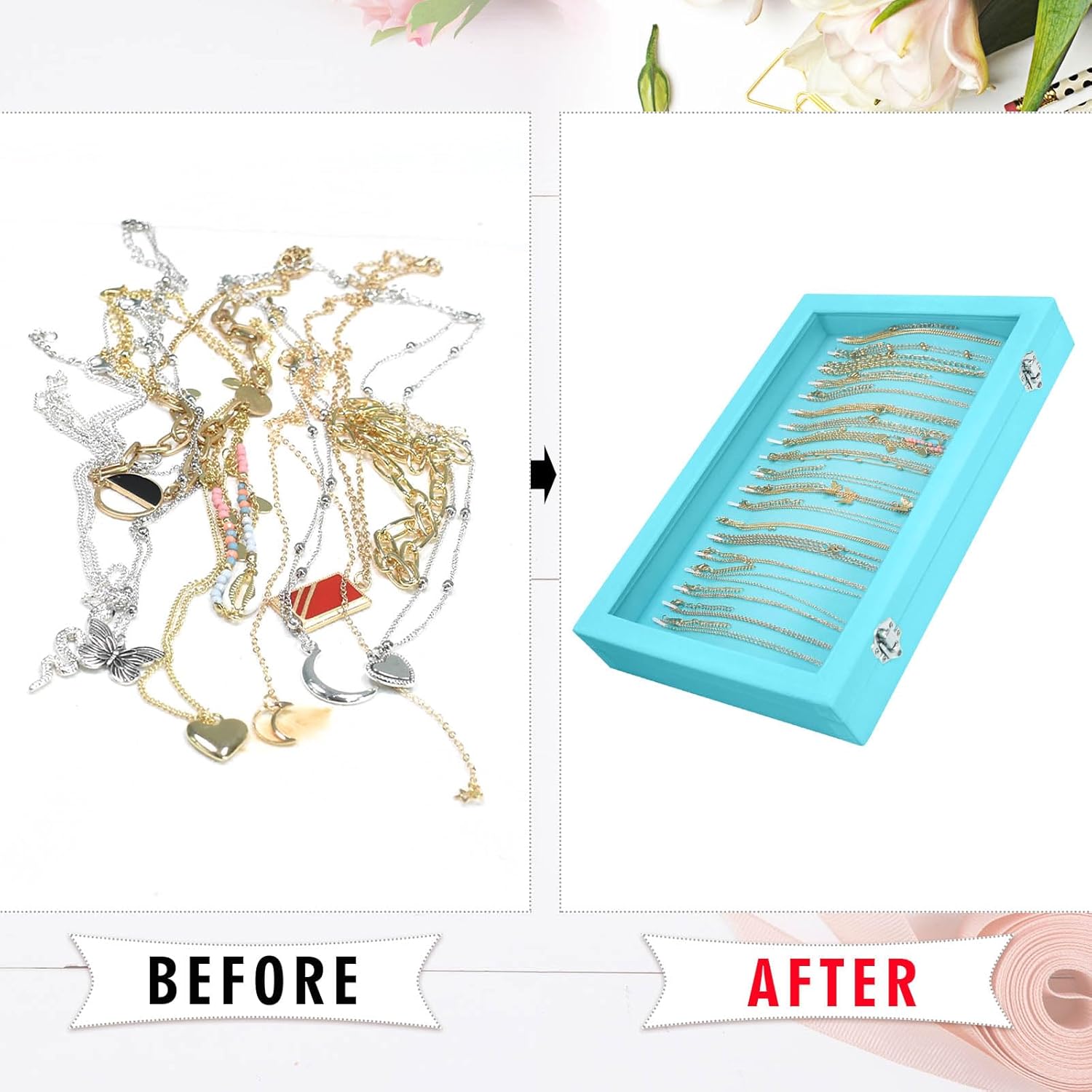 Direct Manufacturer Necklace Organizer Box Premium 20 Hooks Velvet Necklace Display Jewelry Tray with Transparent Lid Jewelry Necklace Display Box for Necklace Pendants Suitable for Women and Girls (Light Blue) Low MOQ