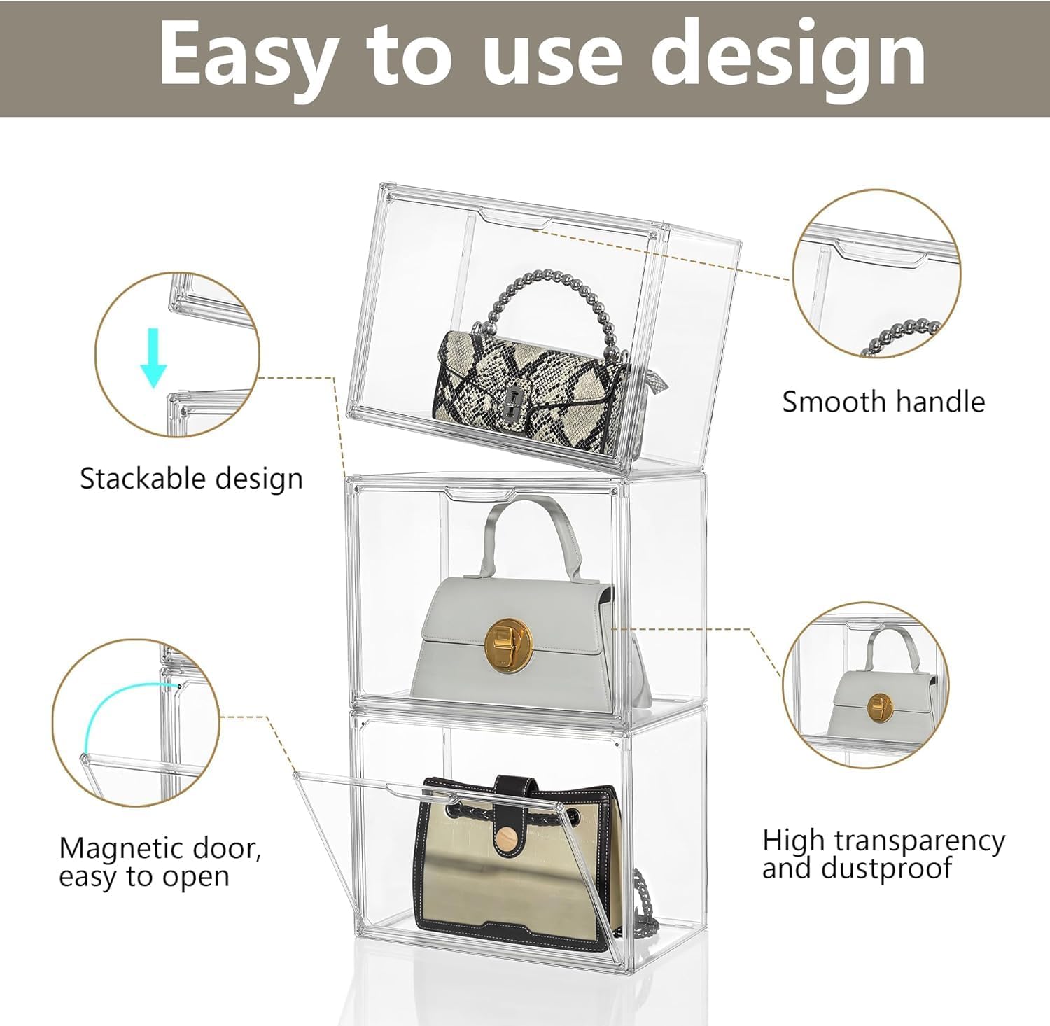 ODM Attelite Plastic Purse and Handbag storage Organizer for Closet, Clear Acrylic Display Case with Magnetic Door for Wallet, Book, Cosmetic, Clutch Organization 3 Pcs Custom Logo Service