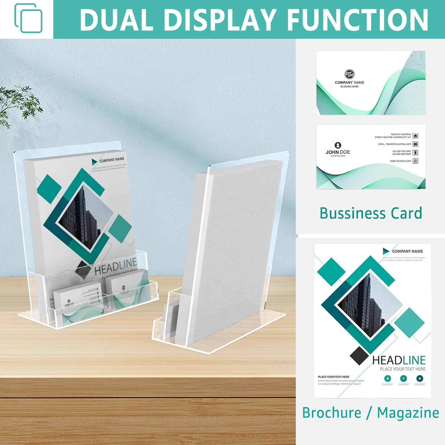 Wholesale 2 Pack Acrylic Brochure Holder 8.5 x 11 Inch with Business Card Holder, Clear Acrylic Brochure Holder Plastic Flyer Display Stand for Magazine, Pamphlet, Booklets, Menu, Journals, Literature China Factory Bulk Supply