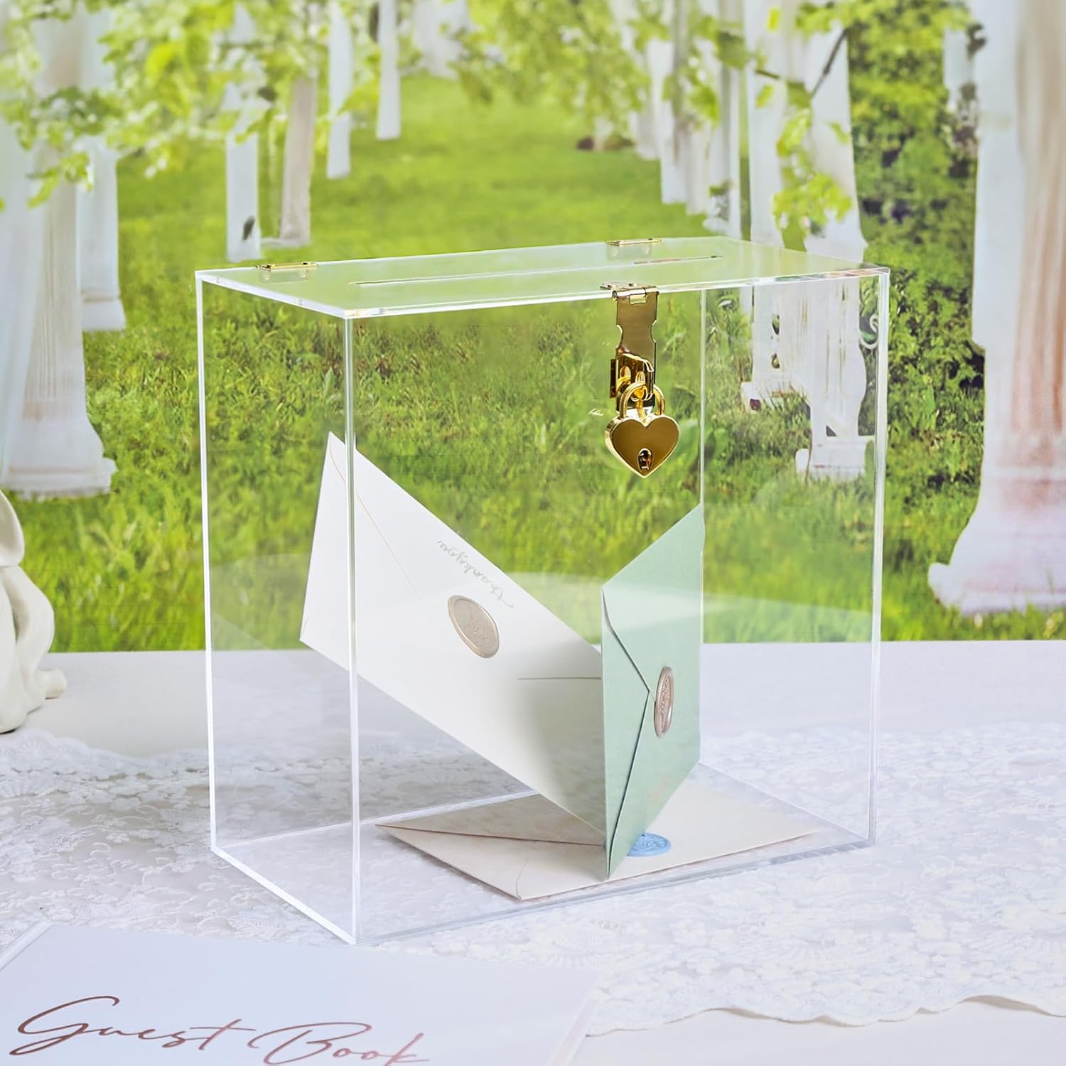 Private Label UNIQOOO Modern Clear Acrylic Card Box with Gold Heart Lock, Customize Thick Blank Wedding Box No Print w/Slot, Large 10x10x5.5 in, for Reception Decoration Fundraiser Wishing Well Box Election Ballot Wholesale Manufacturer