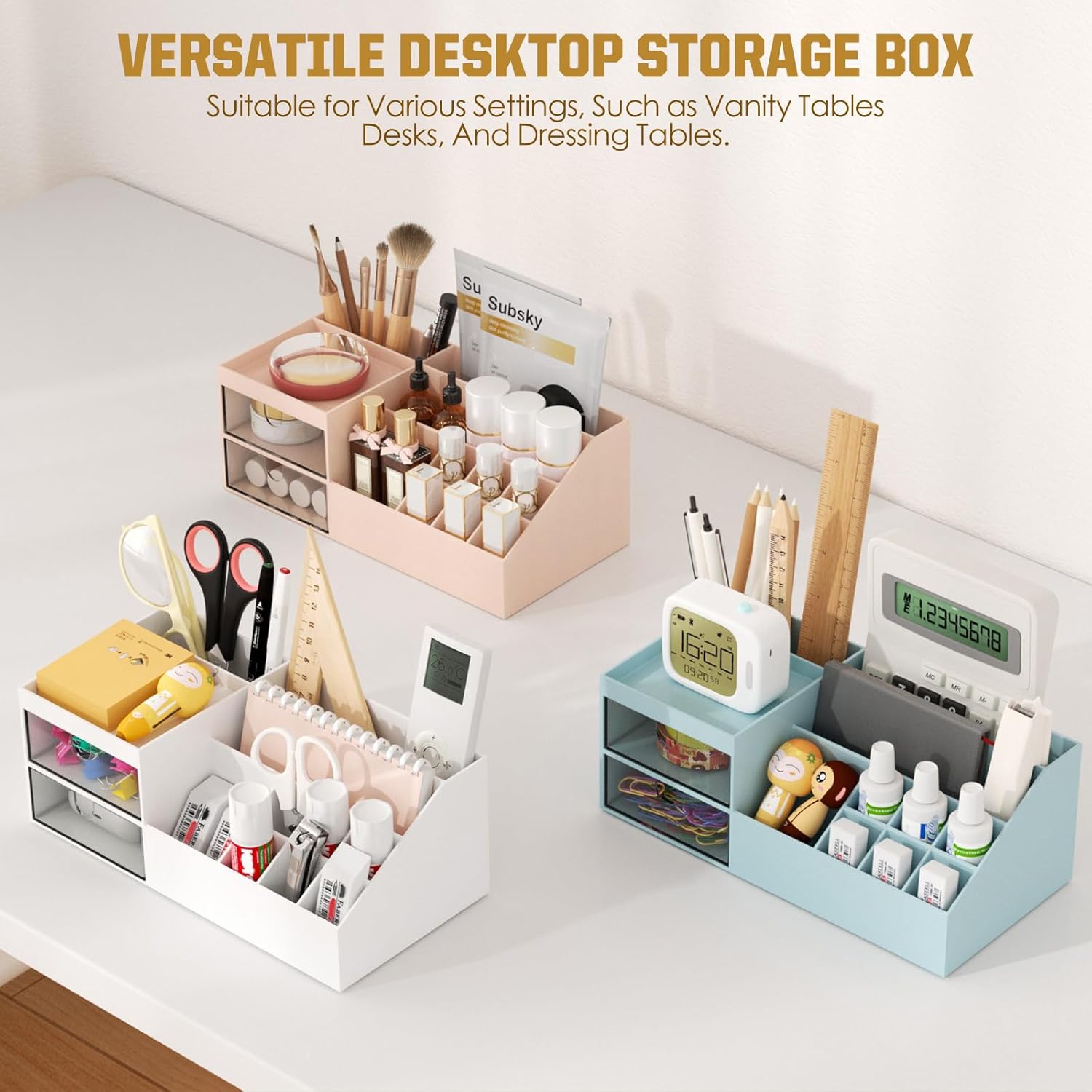 Private Label Subsky Makeup Organizer with Drawers, Easy Storage for Beauty Products Brushes, Multifunction Plastic Desk Organizer, Cosmetics Organizer for Countertop Dresser Vanity and Bathroom (White) Factory Direct Price