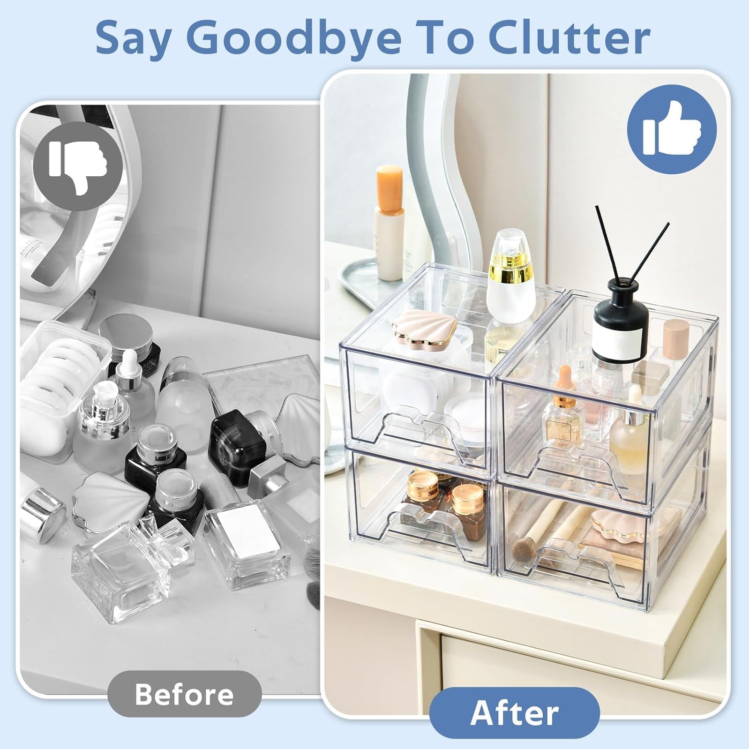 Private Label Plastic Drawers Storage, 4 Pack Clear Stackable Storage Drawers, Acrylic Storage Bins with Drawers for Fridge Organizers, Small PlasticDrawers Stackable for Makeup Organizers Cosmetic Display Custom Logo Service