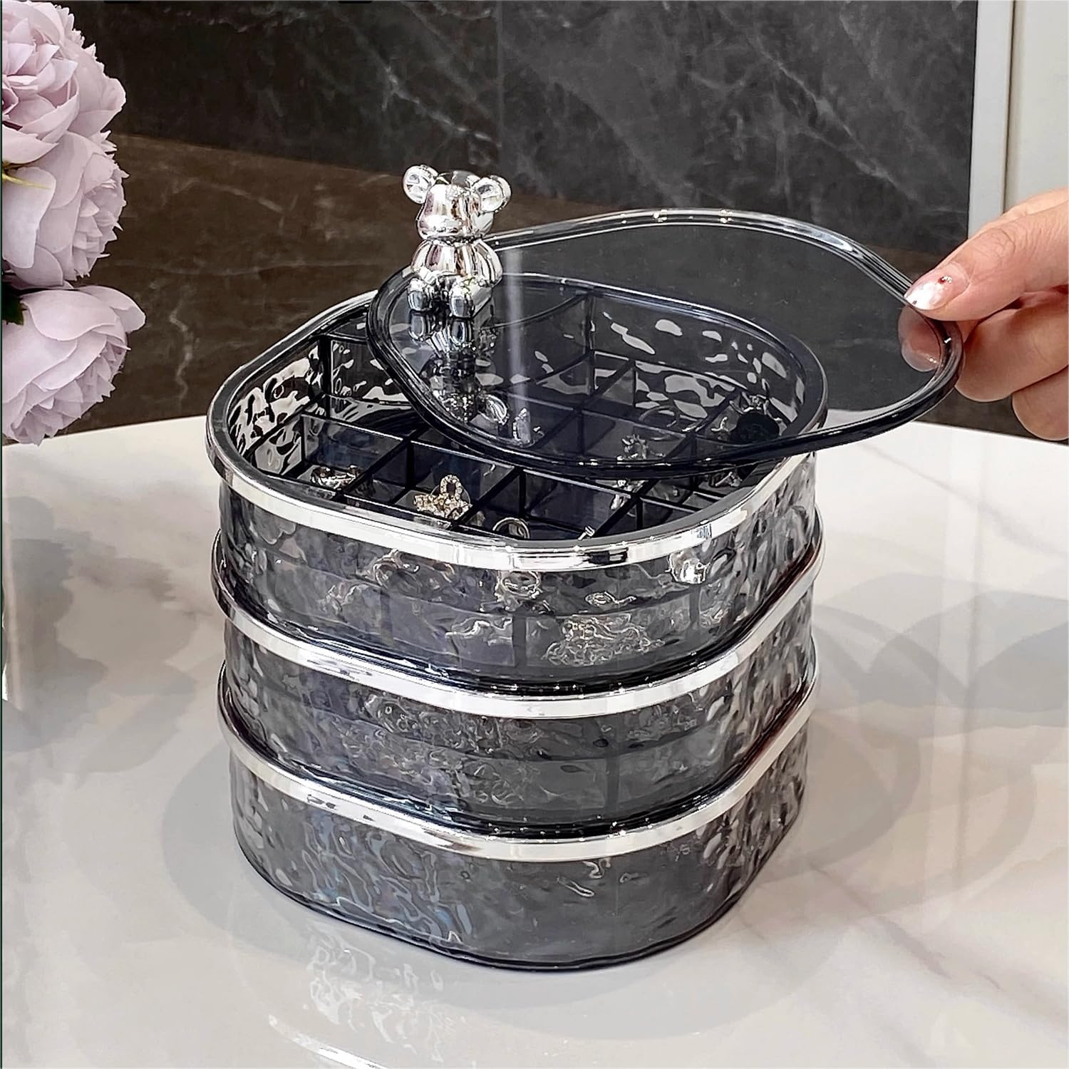 Direct Manufacturer Jewelry Organizer, 3 Layers Rotating Jewelry Box, Small Jewellery Box, Earring Holder with Lid for Earring Organizer, Various Compartments for Rings, Earrings, Necklace, Bracelets, Clear/Grey Low MOQ