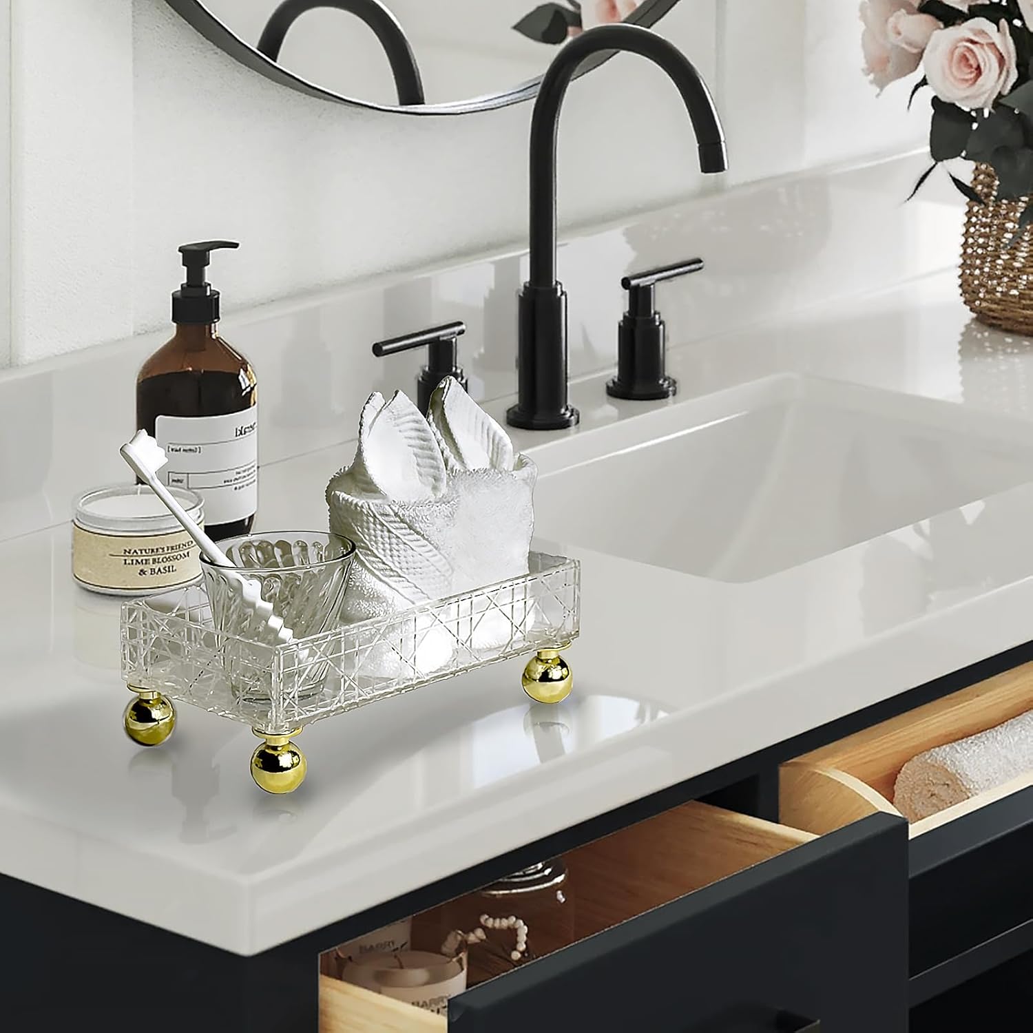 Private Label Transparent Makeup Organizer Storage Box Bathroom Counter Organizer Acrylic Vanity Tray with Gold Feet Geometric Texture Waterproof Makeup Organizer Countertop Storage for Hotel Home Custom Logo Service