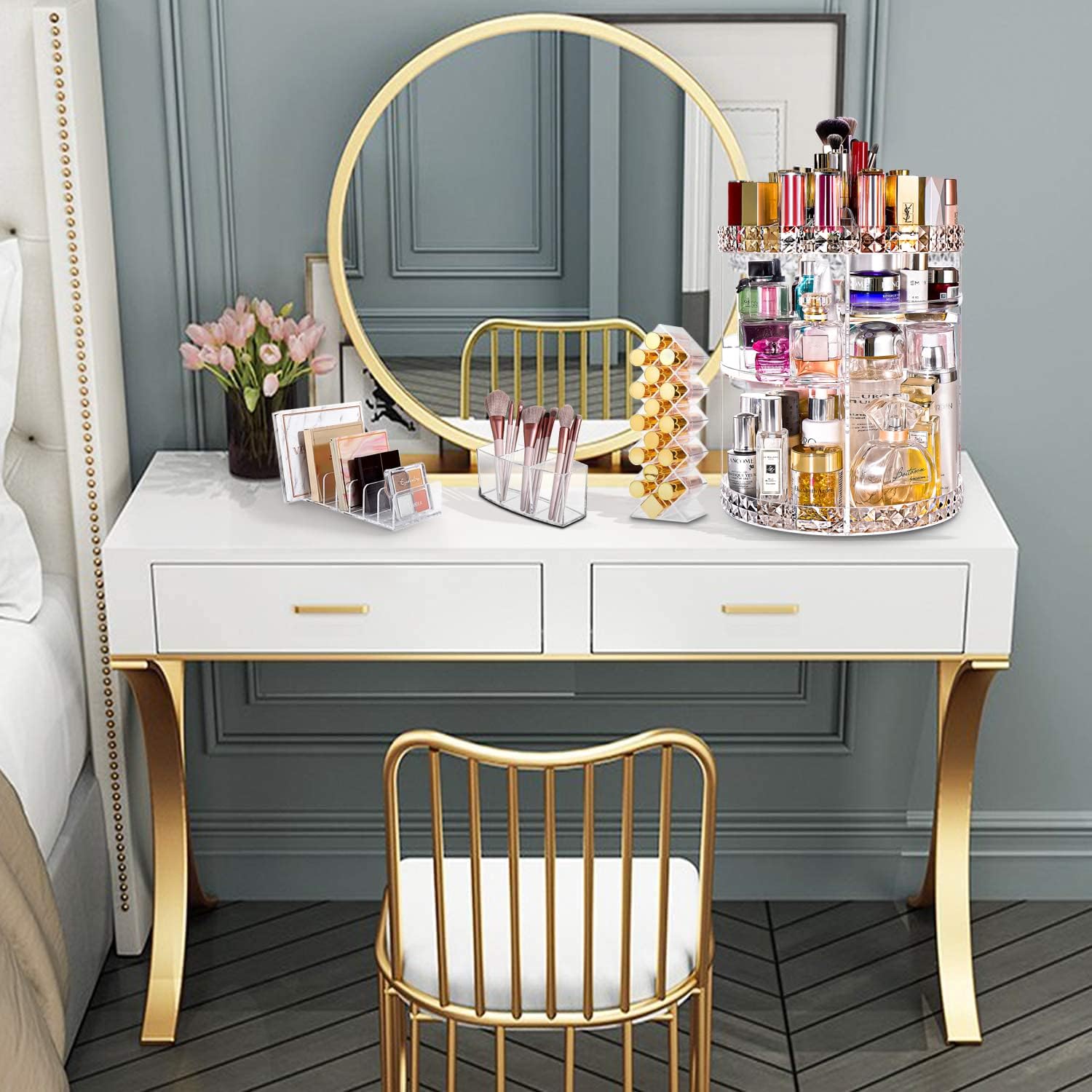 Private Label V-HANVER Makeup Organizer Combo - 360° Rotating Makeup Organizer with 7 Adjustable Layers Acrylic Skincare Organizer Large Cosmetic Display Case Clear Perfume Organizer with Makeup Palette Organizer Custom Logo Service