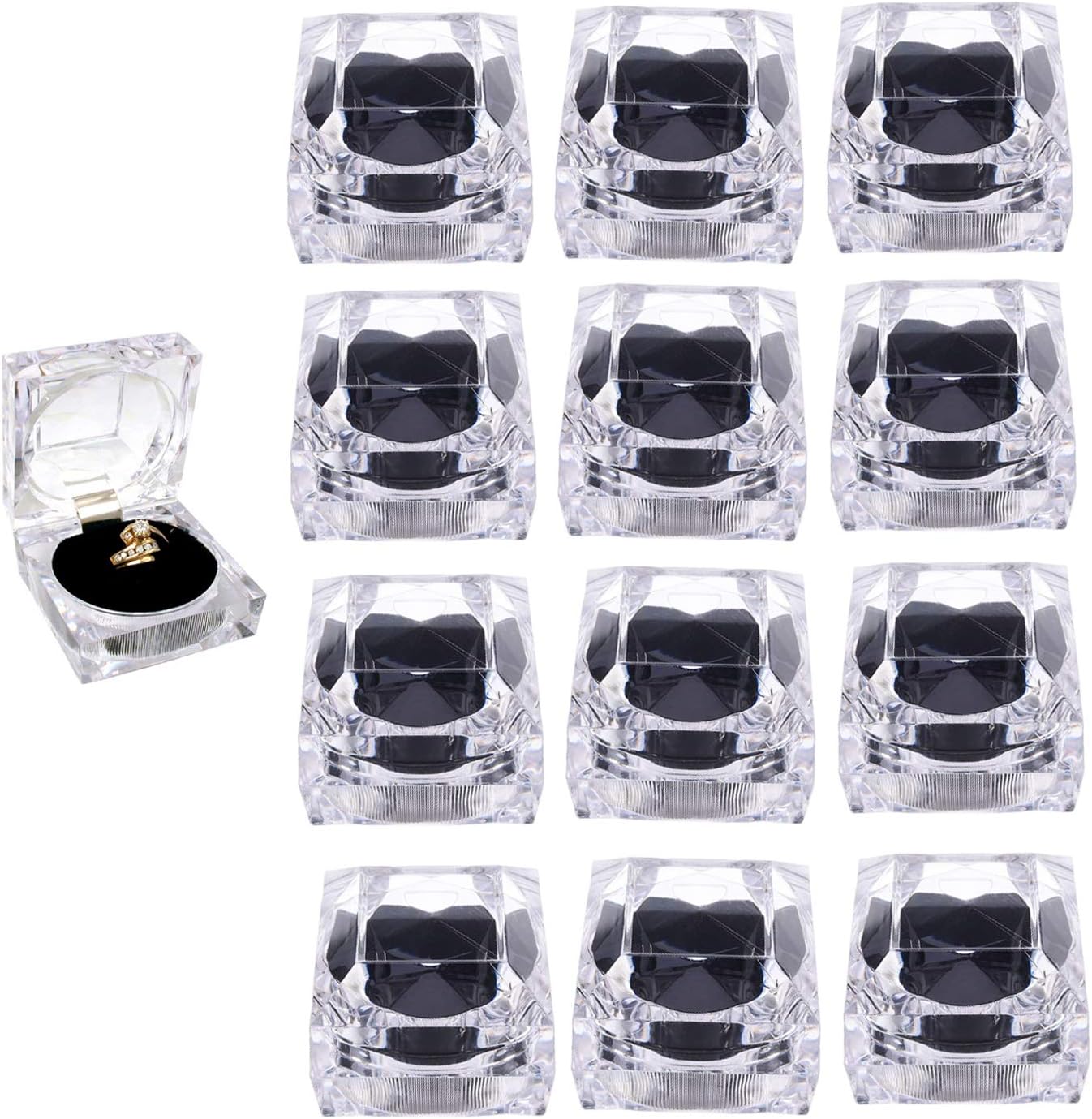 Thickened 12 pcs Clear Crystal Ring Gift Boxes Earrings Jewelry Storage Box Acrylic Display Organizer Case for All Kinds of Ring Earrings Velvet Insert Black, 1.8" x 1.8" x 1.8"