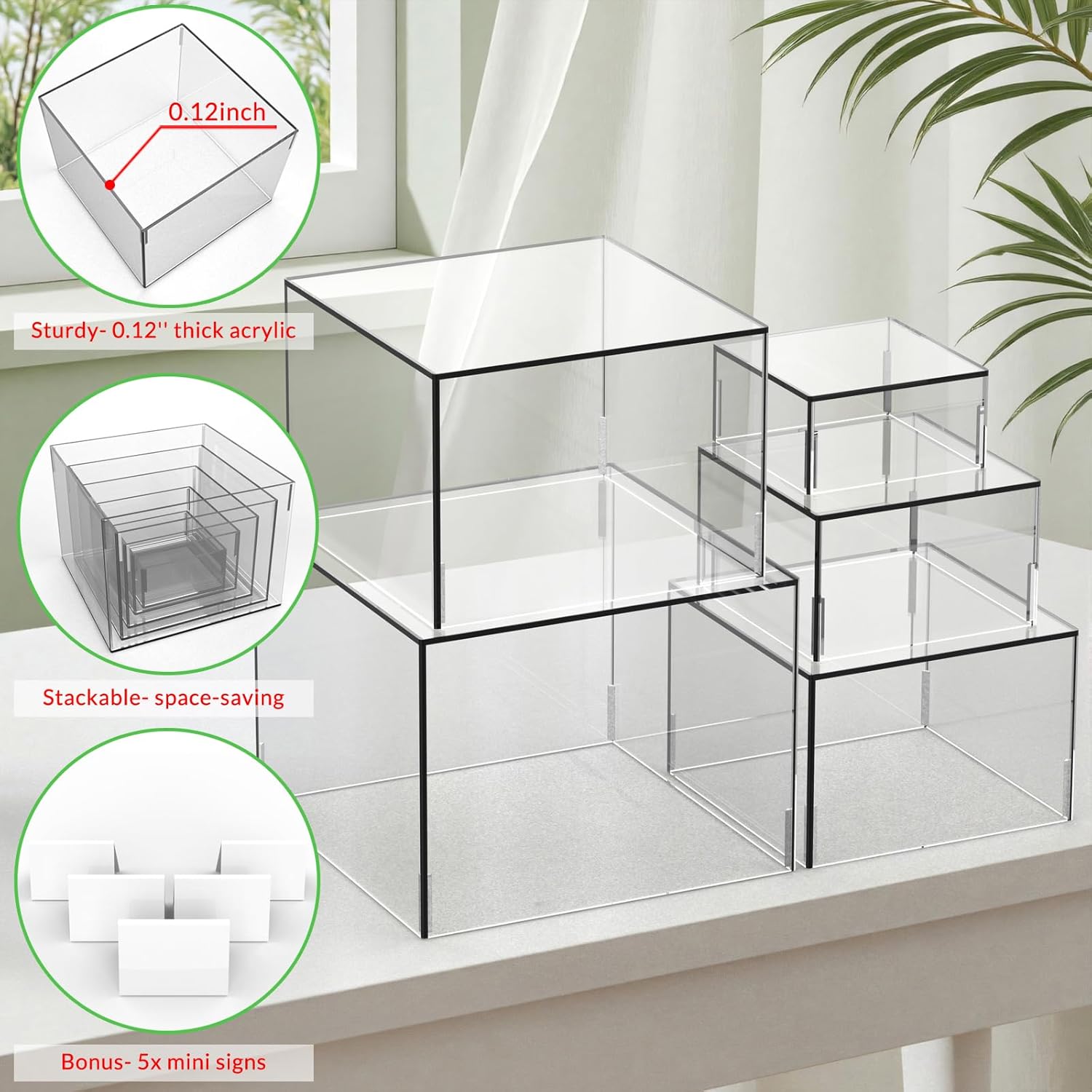 ODM 5 Packs Acrylic Cube Display Stand, Clear Buffet Risers for Food, Dessert, Drinks, 5-sided Acrylic Boxes Stand for Party, Catering, Wedding, Retail Showcase Custom Logo Service